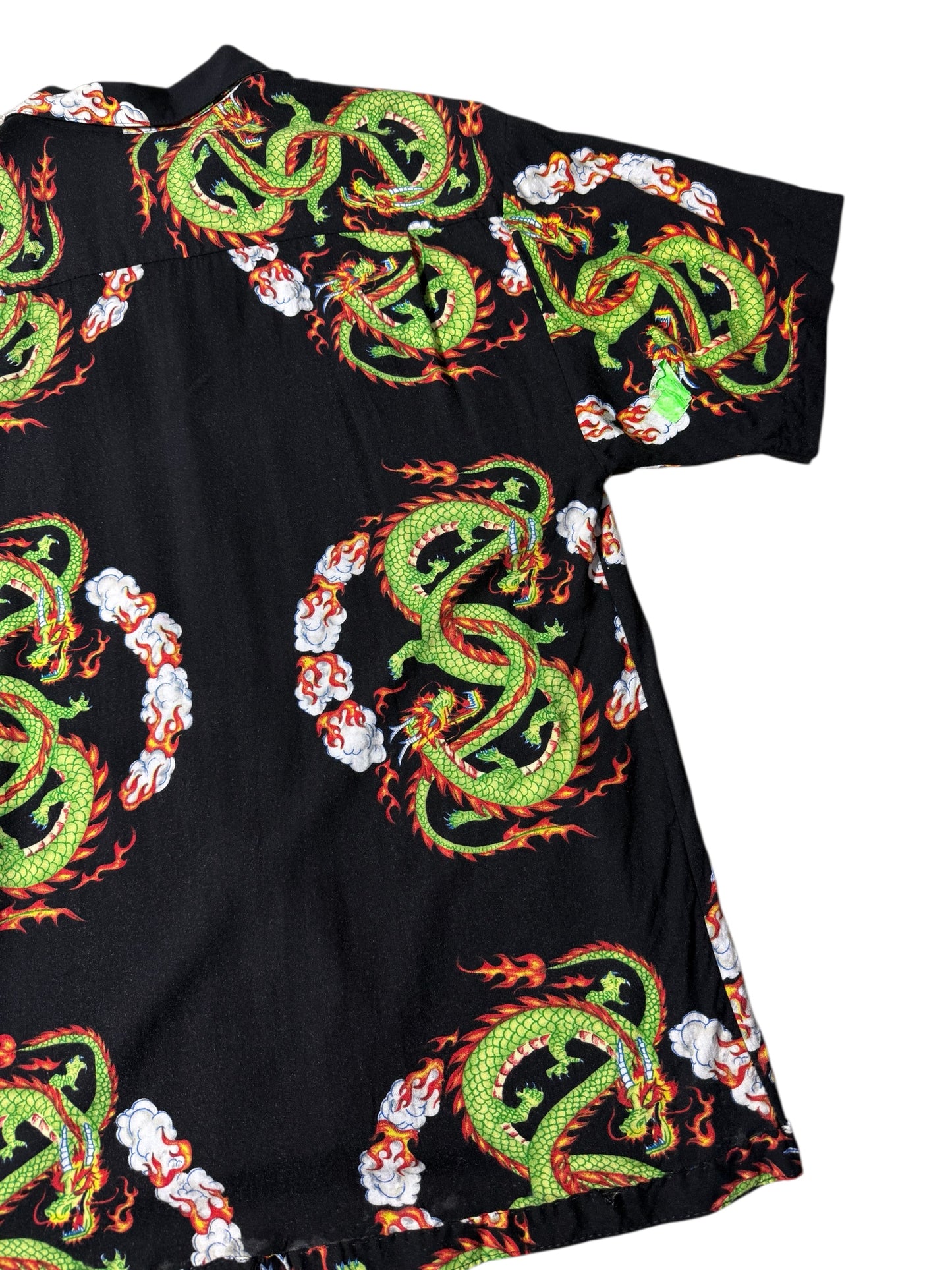 Vintage 90s Pineapple Connection Dragon Print Rayon Aloha Shirt Black/Green Fire Dragon