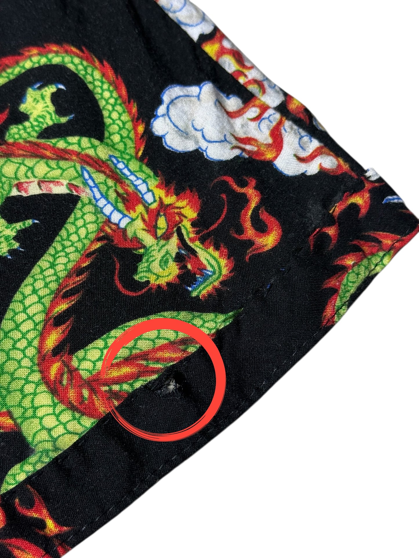 Vintage 90s Pineapple Connection Dragon Print Rayon Aloha Shirt Black/Green Fire Dragon