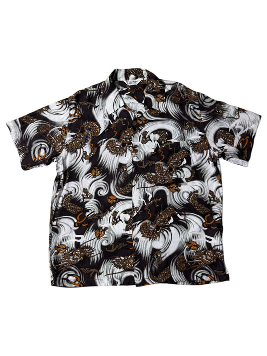 Hawaiian Village Dragon Print Rayon Aloha Shirt Black/Brown Waves