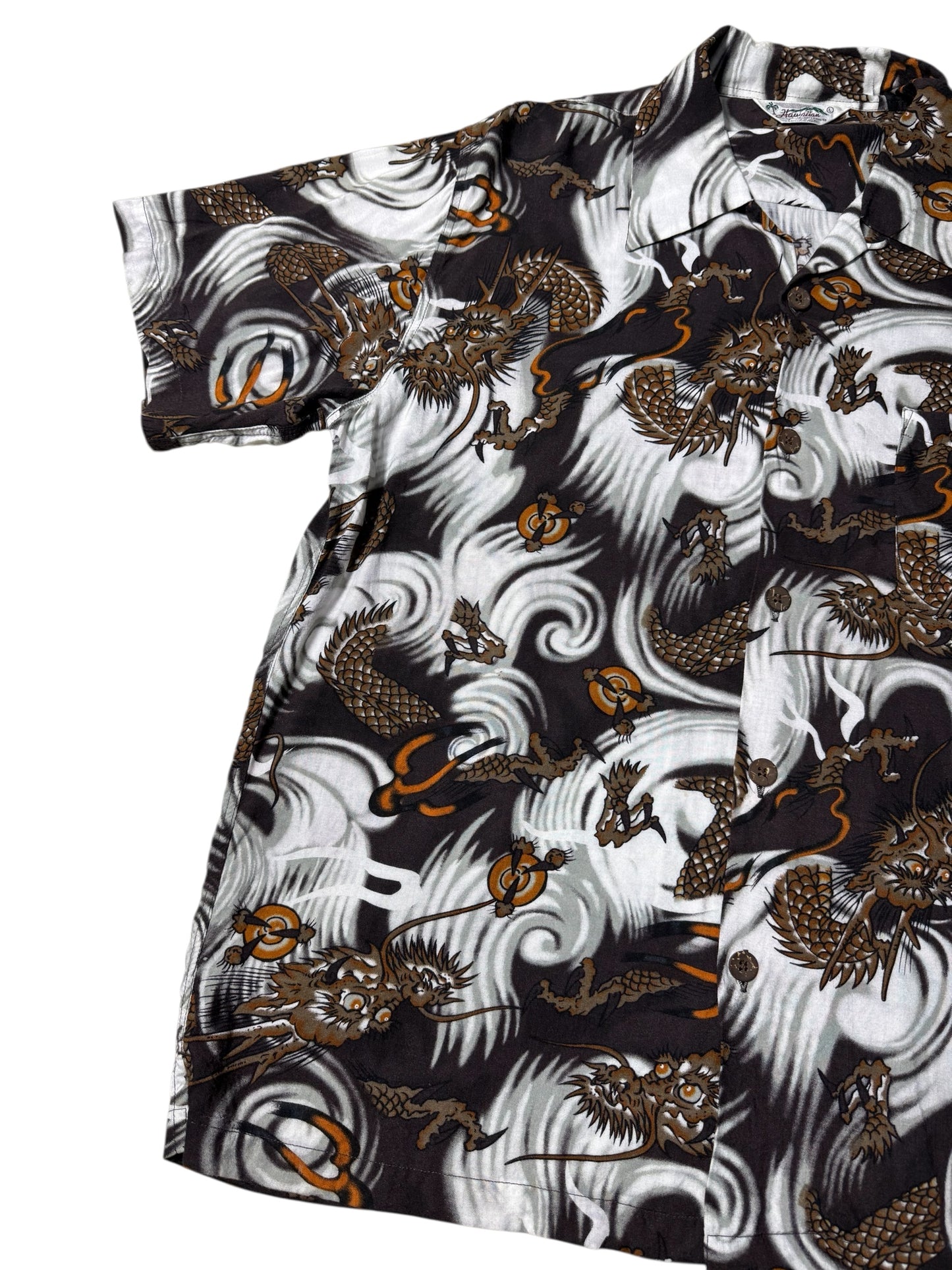 Hawaiian Village Dragon Print Rayon Aloha Shirt Black/Brown Waves