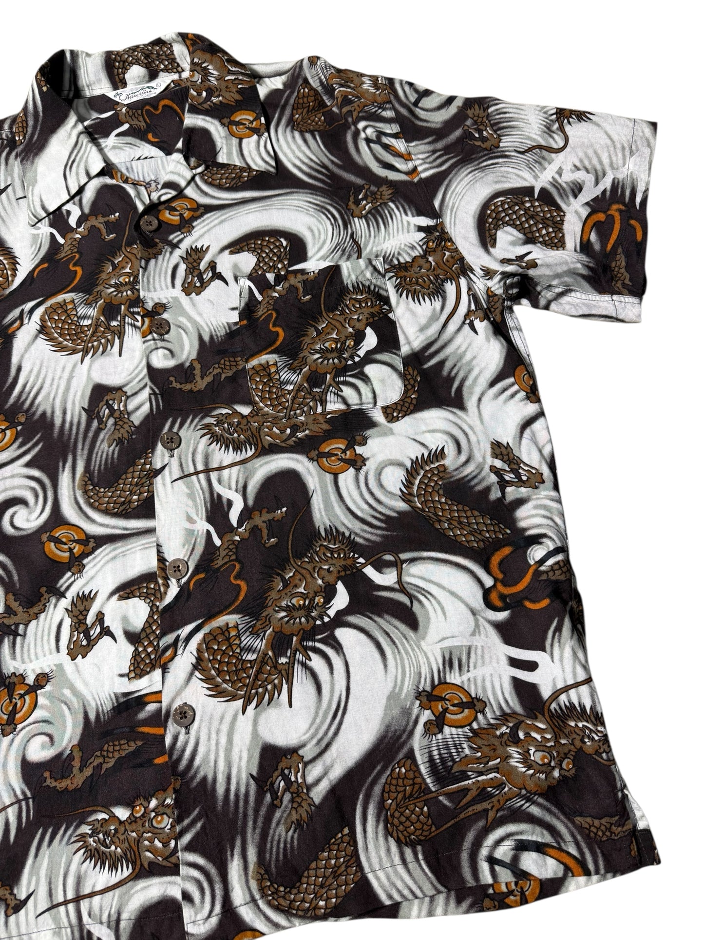Hawaiian Village Dragon Print Rayon Aloha Shirt Black/Brown Waves