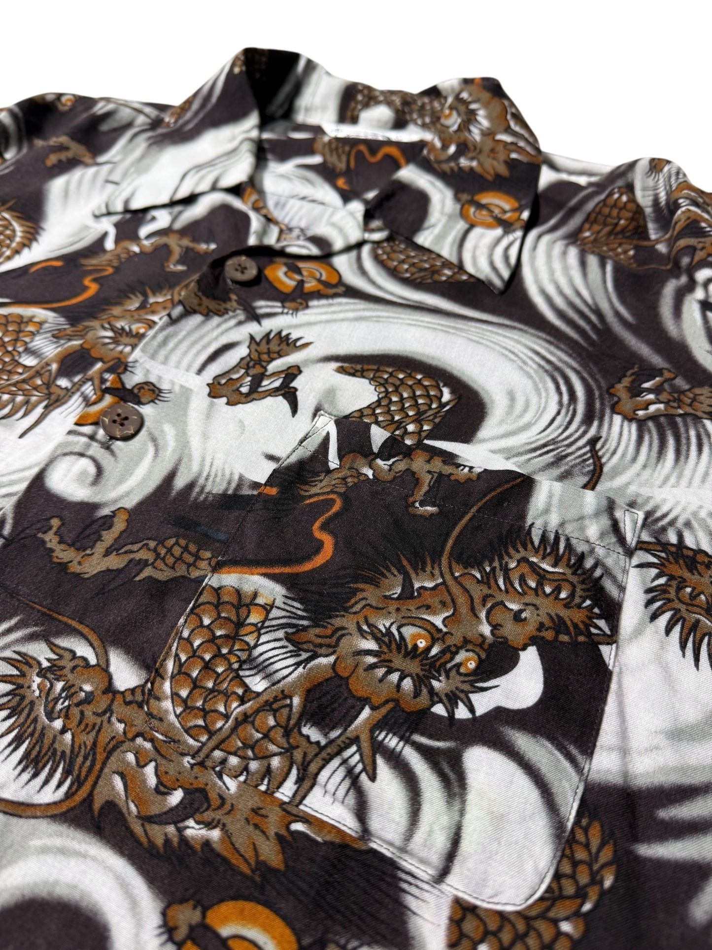 Hawaiian Village Dragon Print Rayon Aloha Shirt Black/Brown Waves