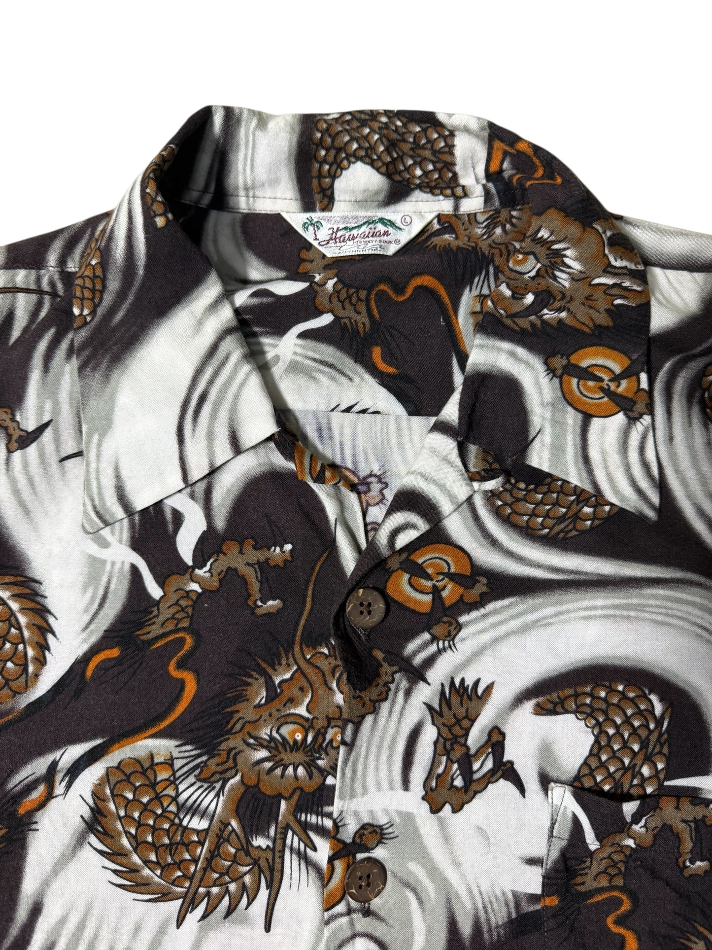 Hawaiian Village Dragon Print Rayon Aloha Shirt Black/Brown Waves