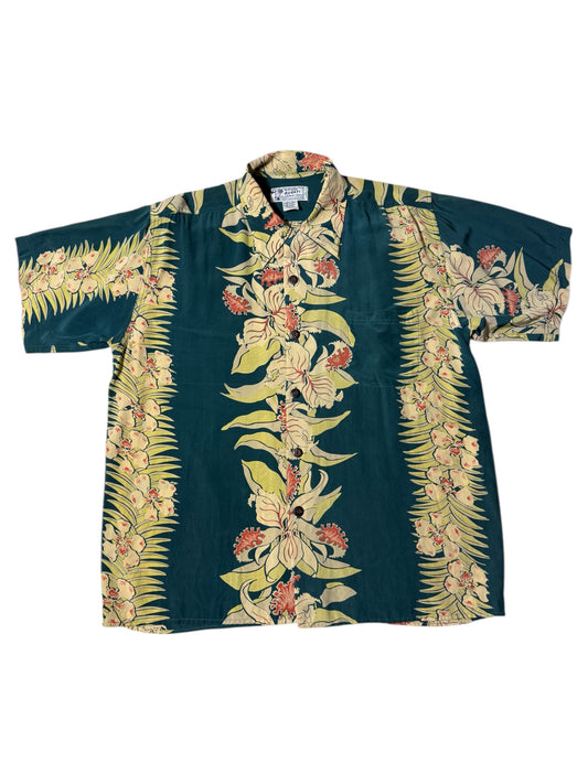 Avanti Silk Hawaiian Aloha Shirt Orchid Botanical Panel Print Teal Green
