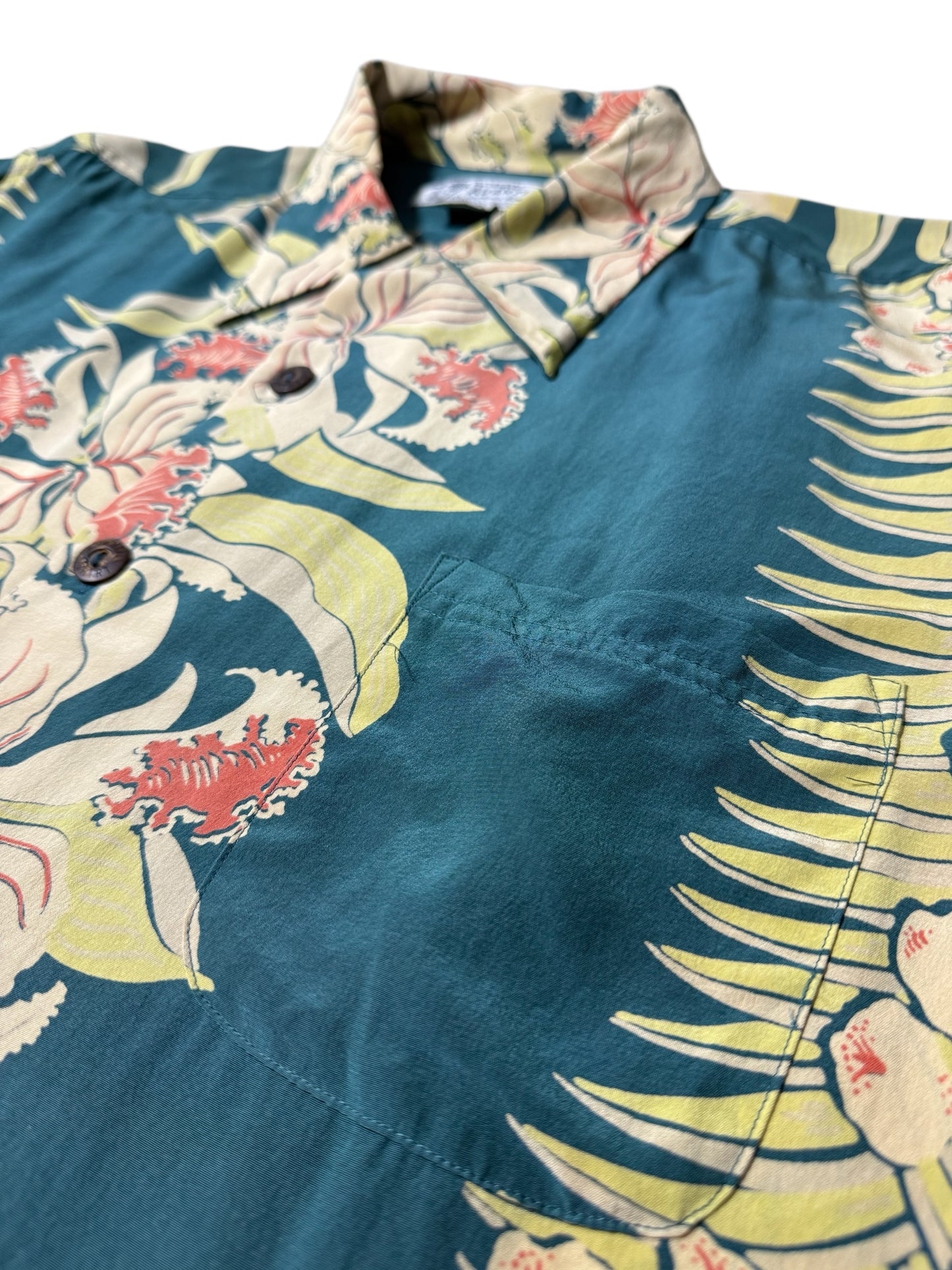 Avanti Silk Hawaiian Aloha Shirt Orchid Botanical Panel Print Teal Green