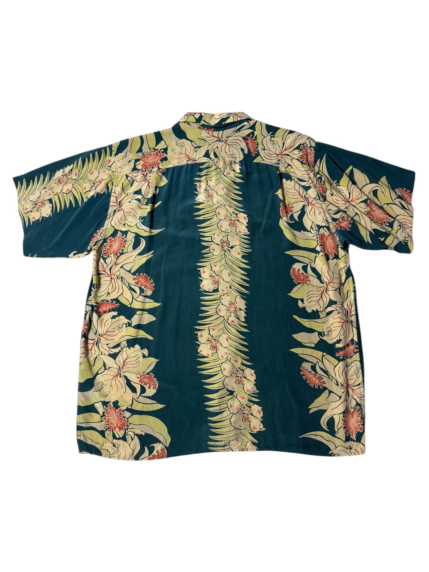 Avanti Silk Hawaiian Aloha Shirt Orchid Botanical Panel Print Teal Green