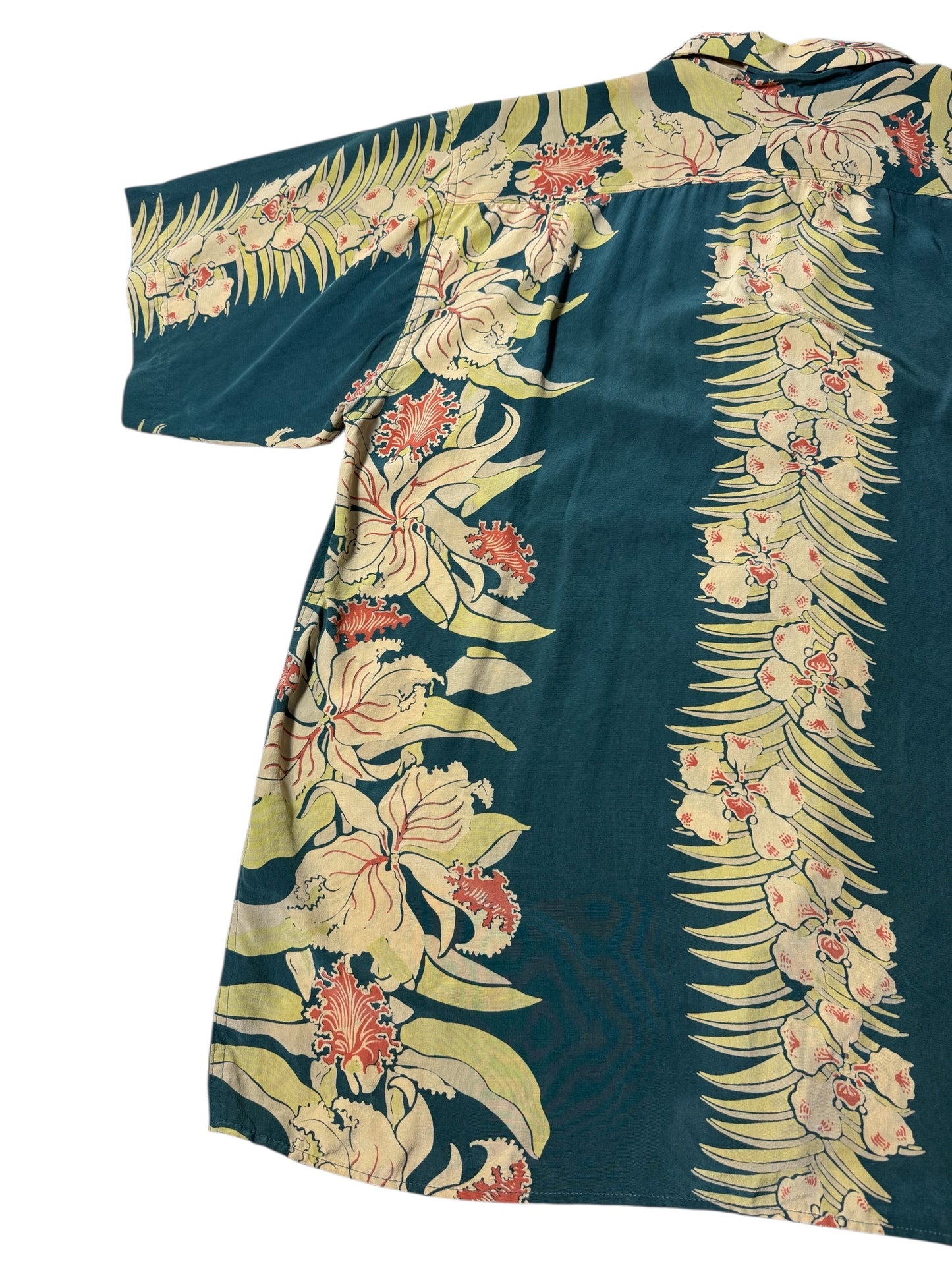 Avanti Silk Hawaiian Aloha Shirt Orchid Botanical Panel Print Teal Green