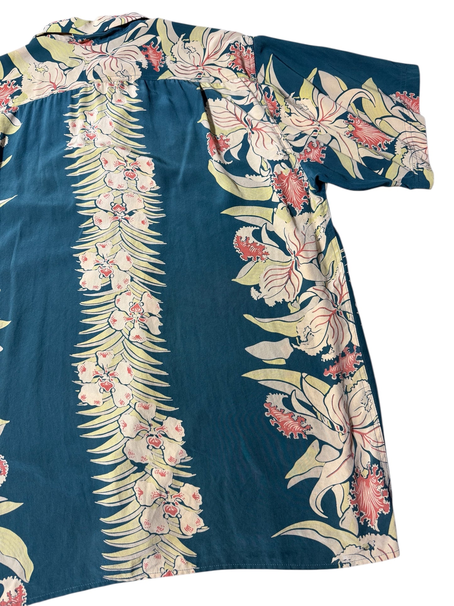 Avanti Silk Hawaiian Aloha Shirt Orchid Botanical Panel Print Teal Green
