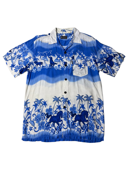 Vintage Gianni Versace-Style Aloha Shirt Tropical Horse & Palm Print Rayon
