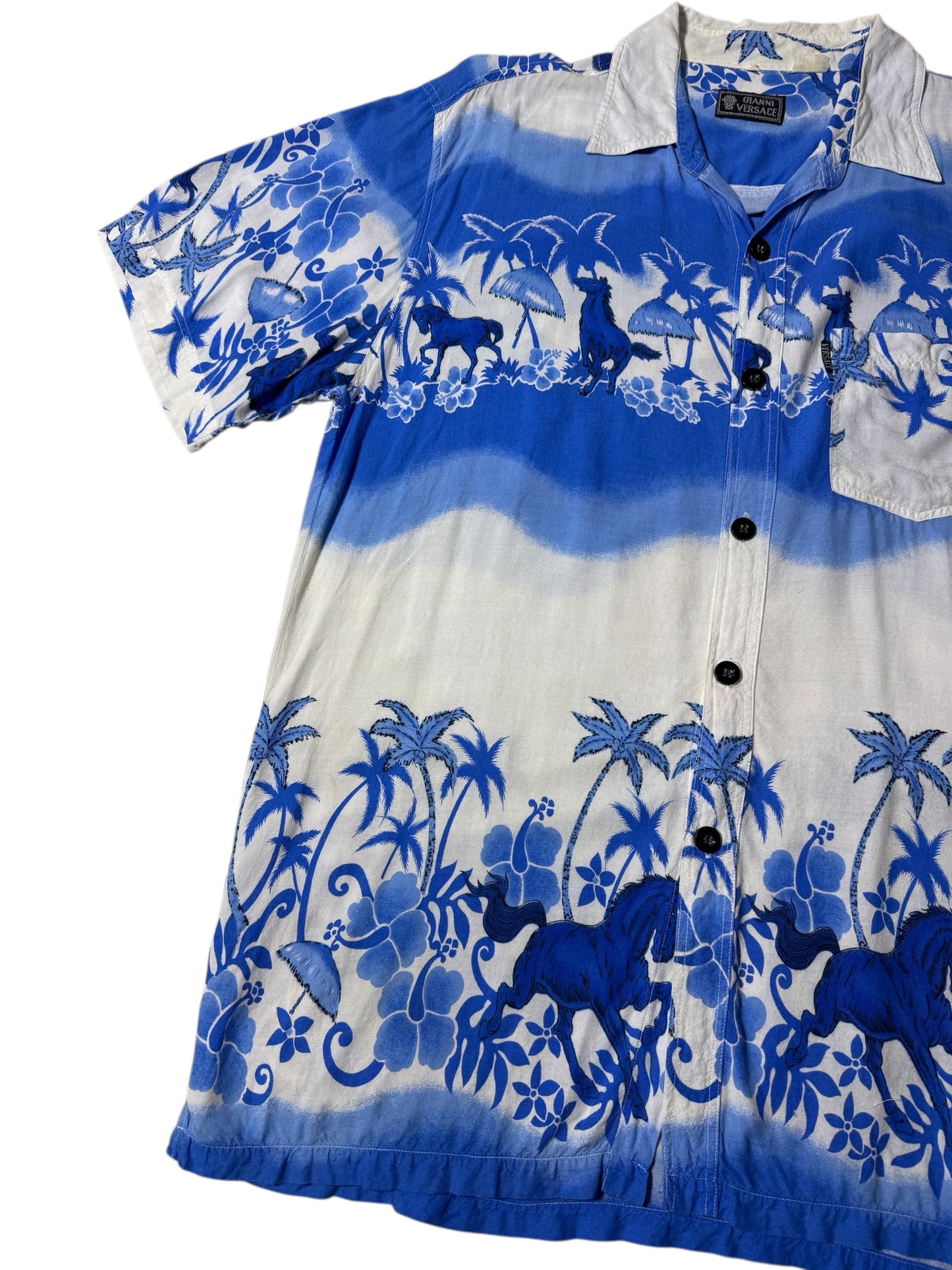 Vintage Gianni Versace-Style Aloha Shirt Tropical Horse & Palm Print Rayon