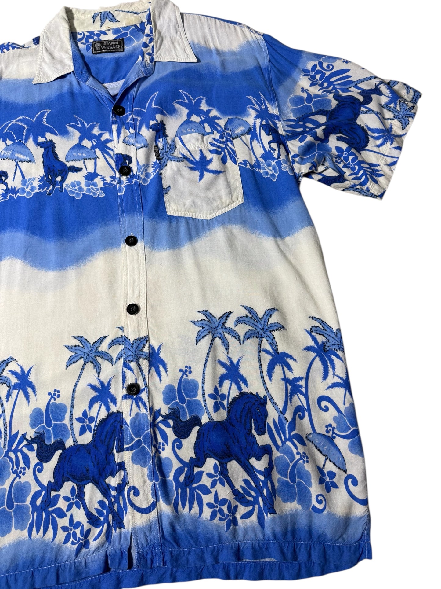 Vintage Gianni Versace-Style Aloha Shirt Tropical Horse & Palm Print Rayon
