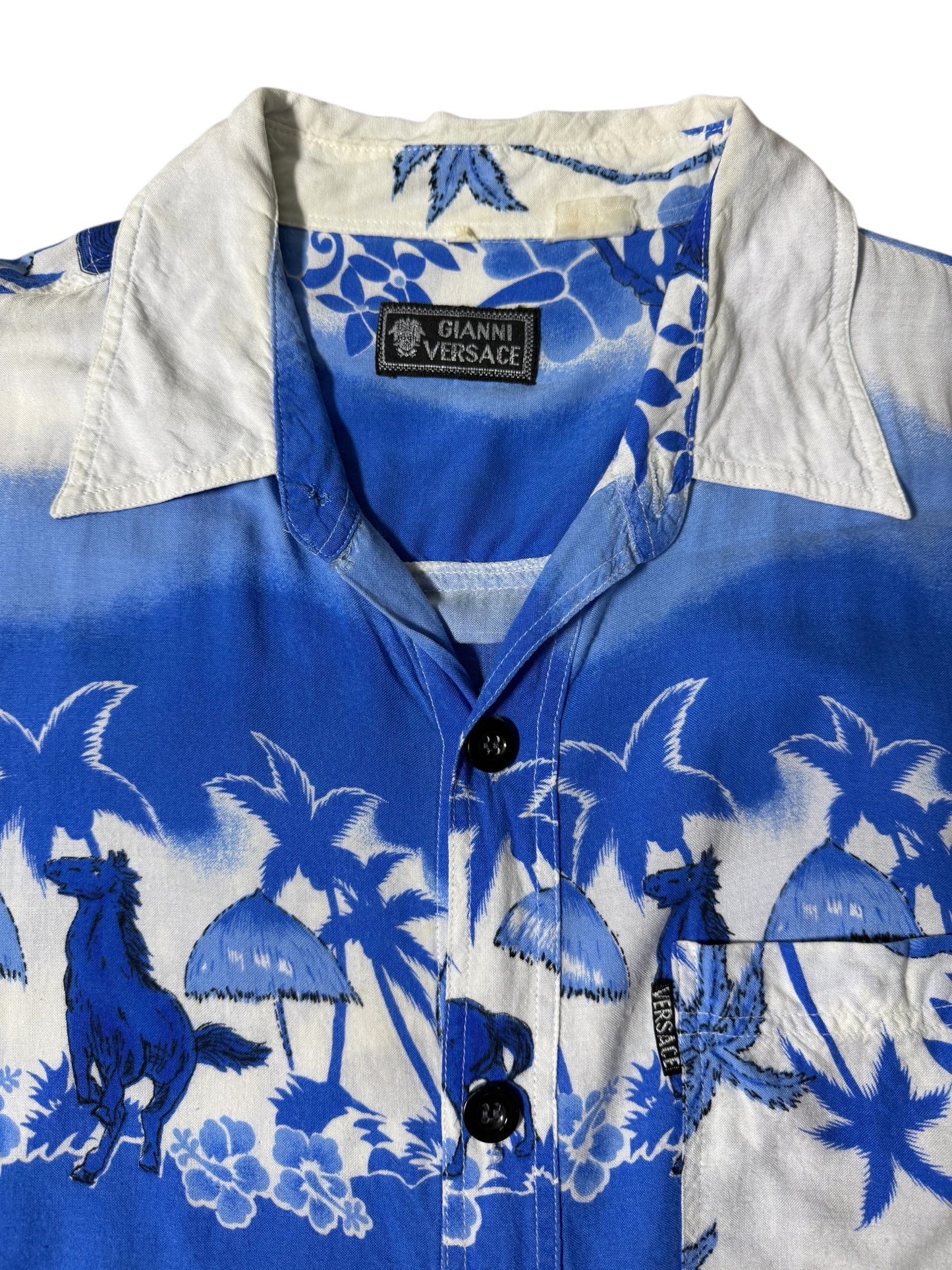 Vintage Gianni Versace-Style Aloha Shirt Tropical Horse & Palm Print Rayon