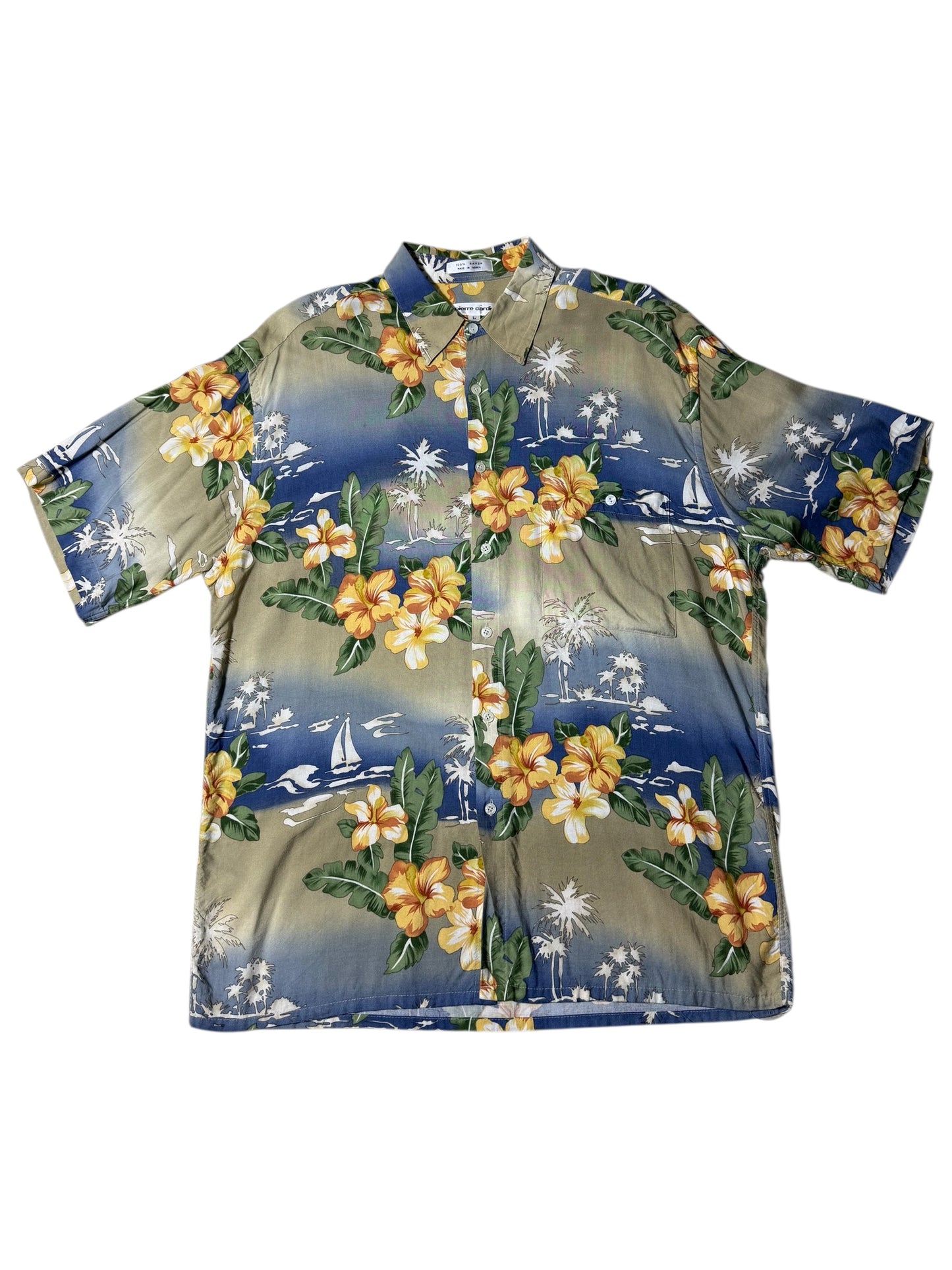 Vintage 90s Pierre Cardin Rayon Aloha Shirt Hibiscus Floral & Sailboat Print