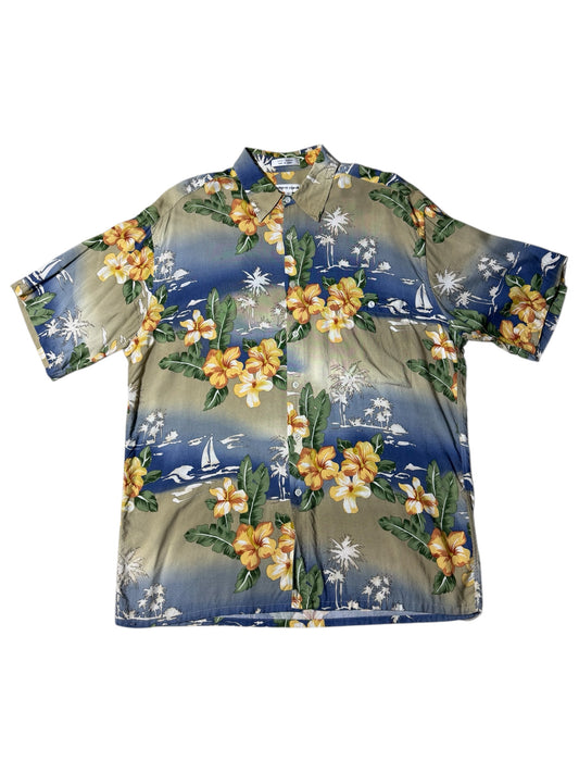 Vintage 90s Pierre Cardin Rayon Aloha Shirt Hibiscus Floral & Sailboat Print