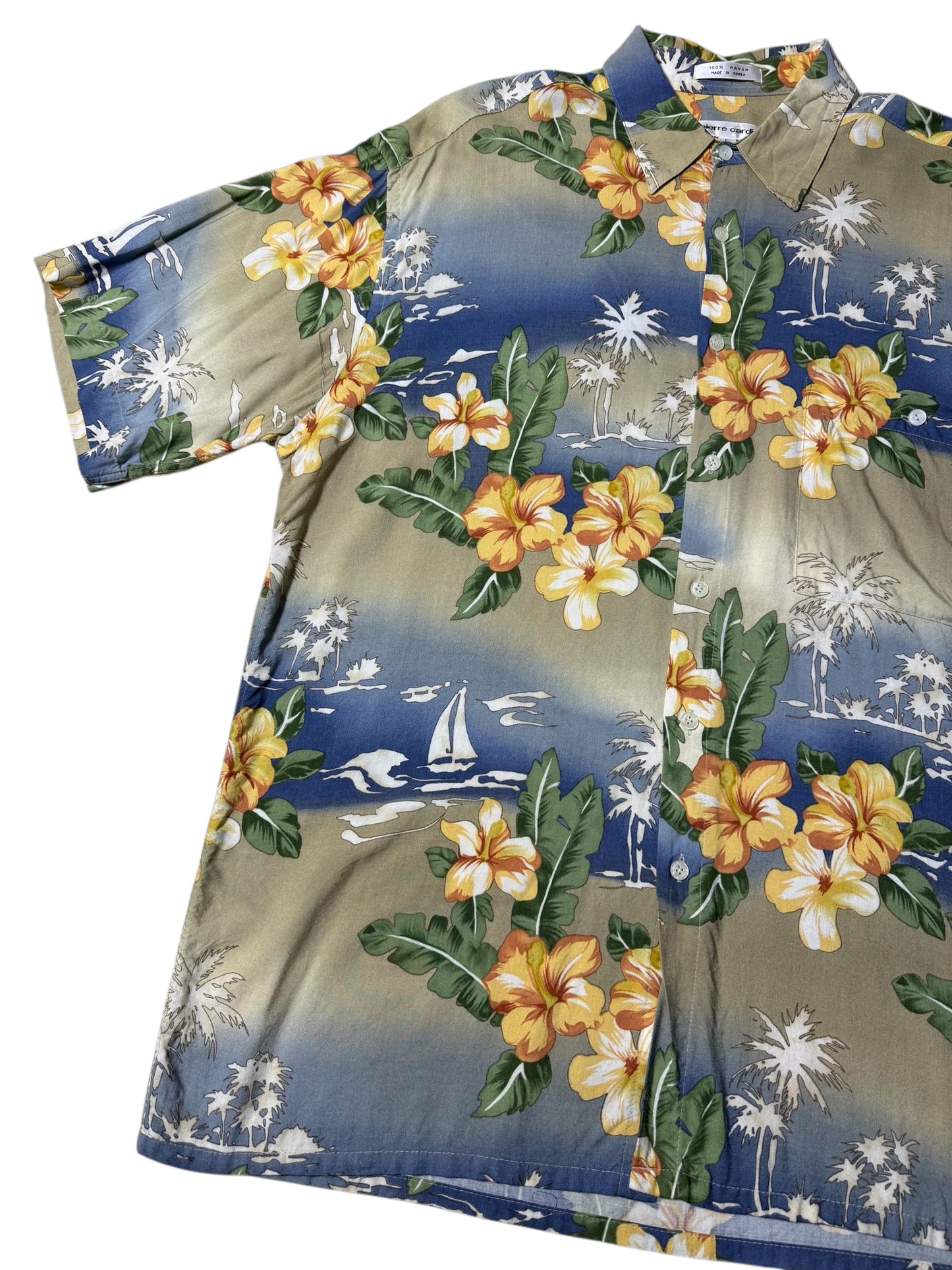 Vintage 90s Pierre Cardin Rayon Aloha Shirt Hibiscus Floral & Sailboat Print
