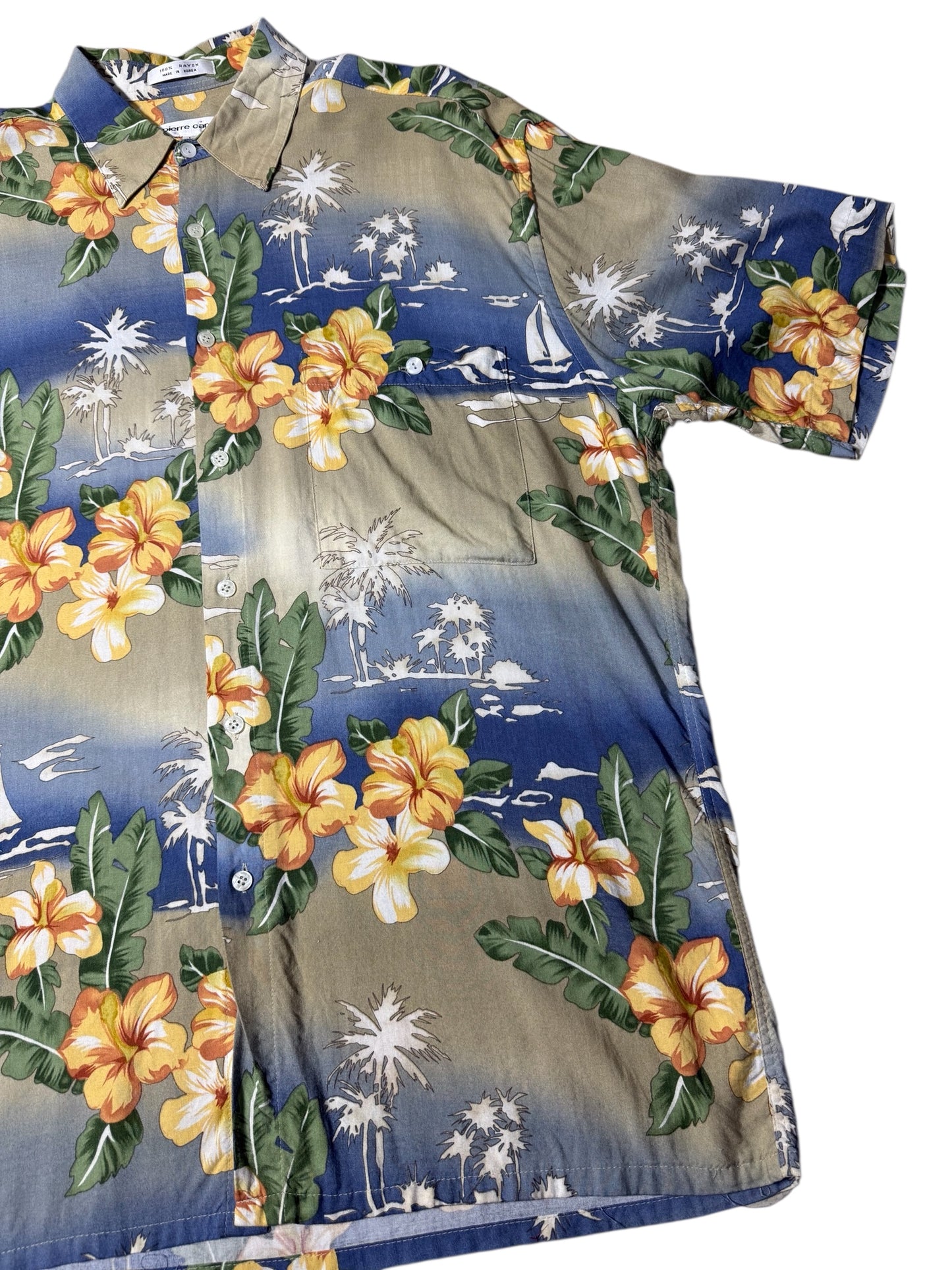 Vintage 90s Pierre Cardin Rayon Aloha Shirt Hibiscus Floral & Sailboat Print