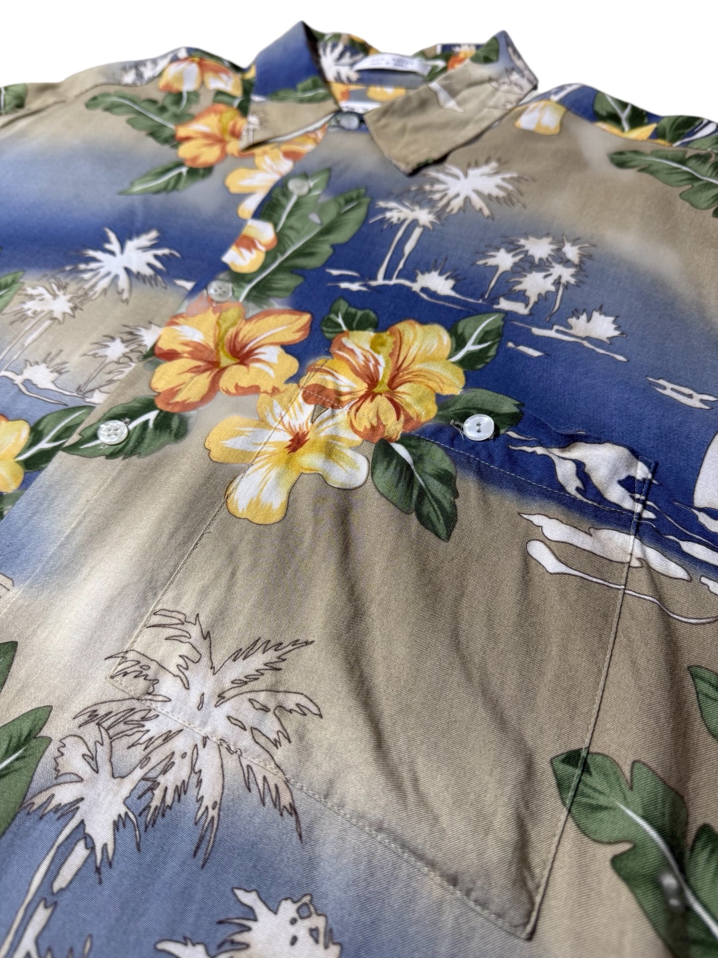 Vintage 90s Pierre Cardin Rayon Aloha Shirt Hibiscus Floral & Sailboat Print
