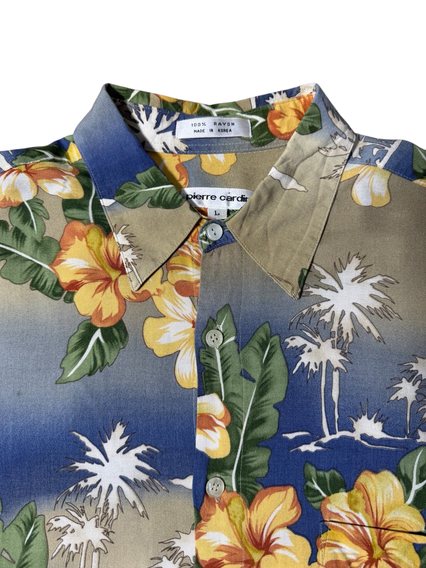 Vintage 90s Pierre Cardin Rayon Aloha Shirt Hibiscus Floral & Sailboat Print