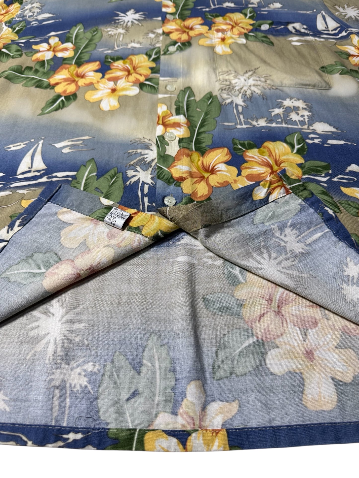 Vintage 90s Pierre Cardin Rayon Aloha Shirt Hibiscus Floral & Sailboat Print