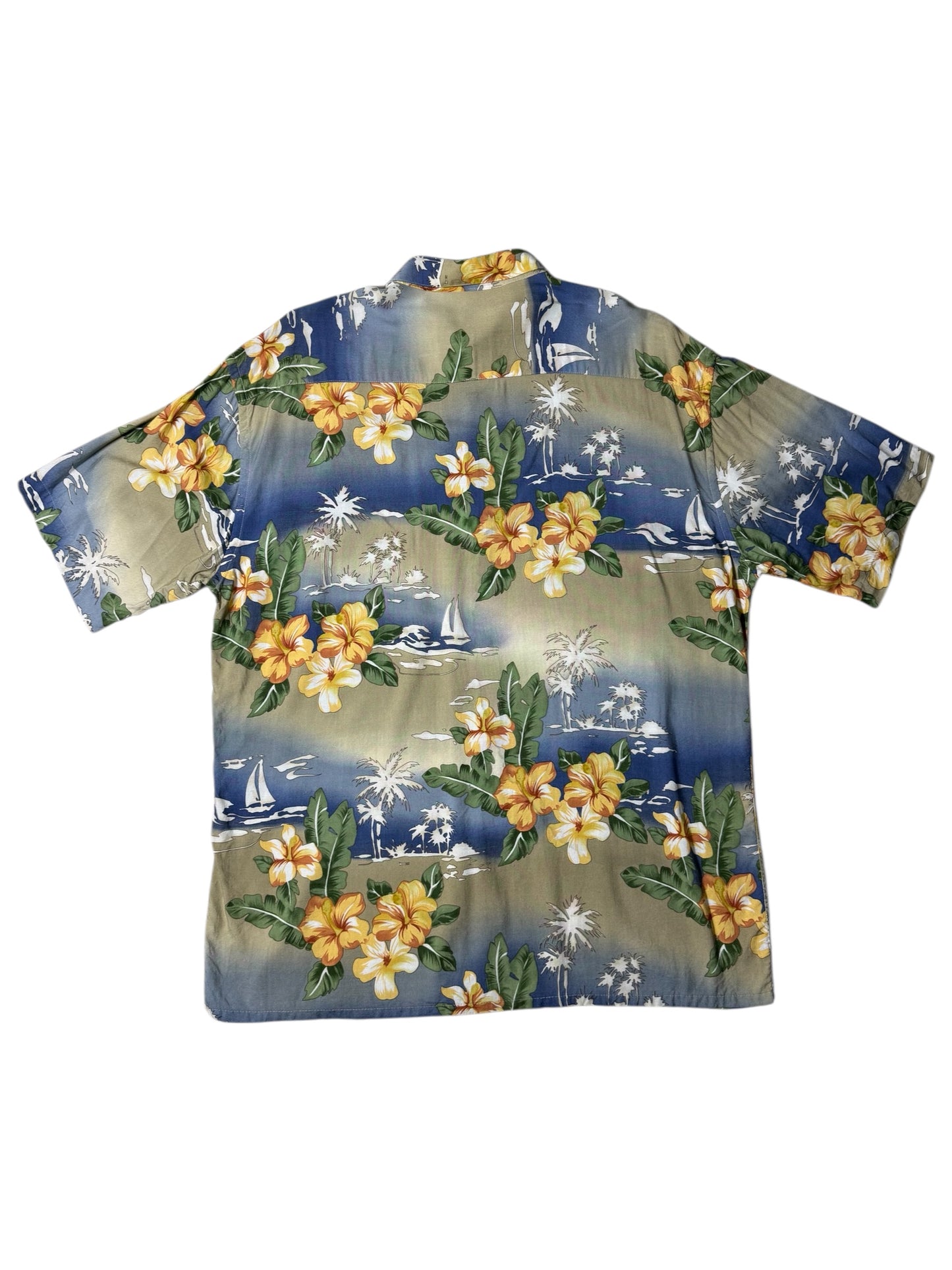 Vintage 90s Pierre Cardin Rayon Aloha Shirt Hibiscus Floral & Sailboat Print