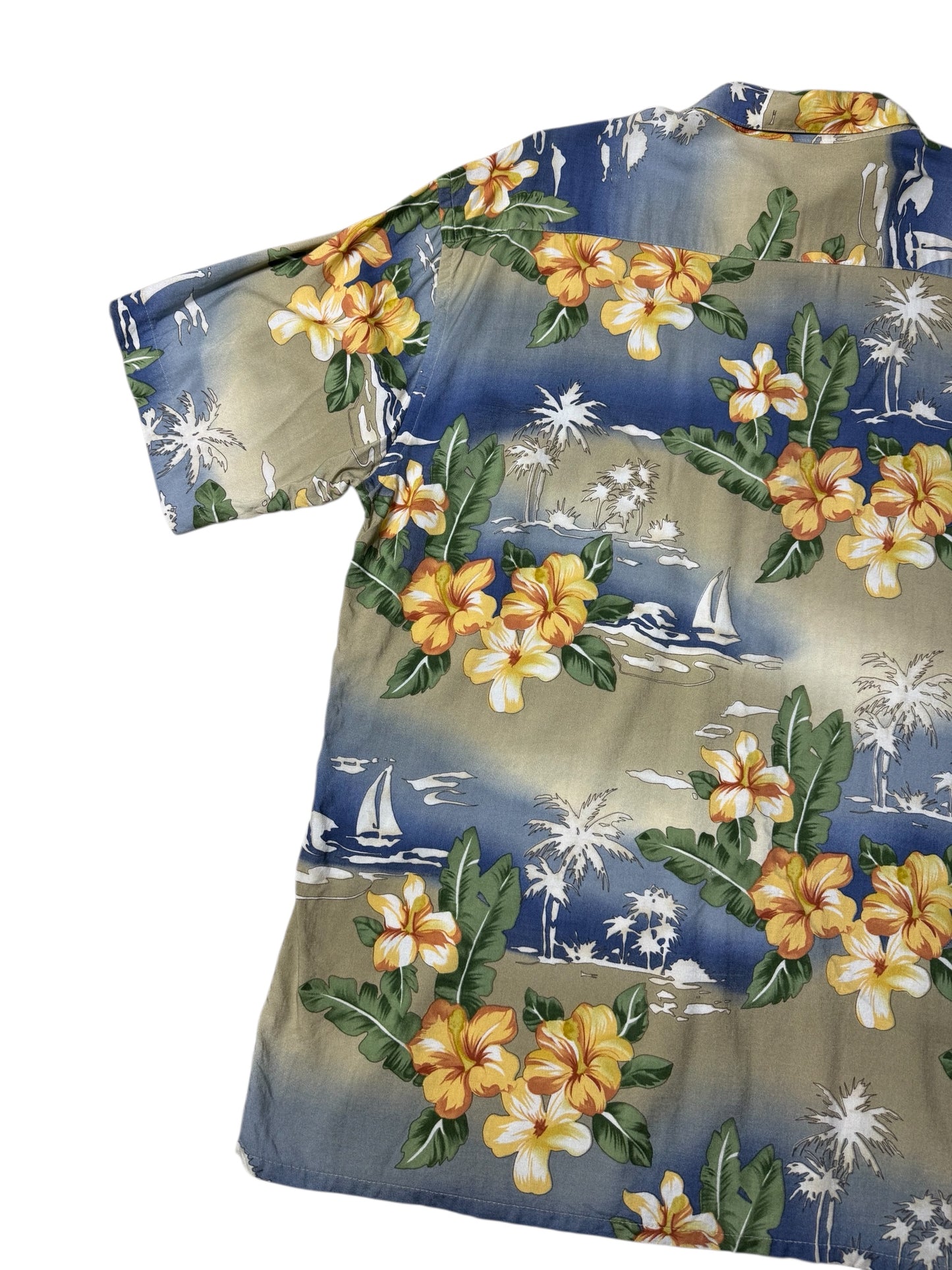 Vintage 90s Pierre Cardin Rayon Aloha Shirt Hibiscus Floral & Sailboat Print