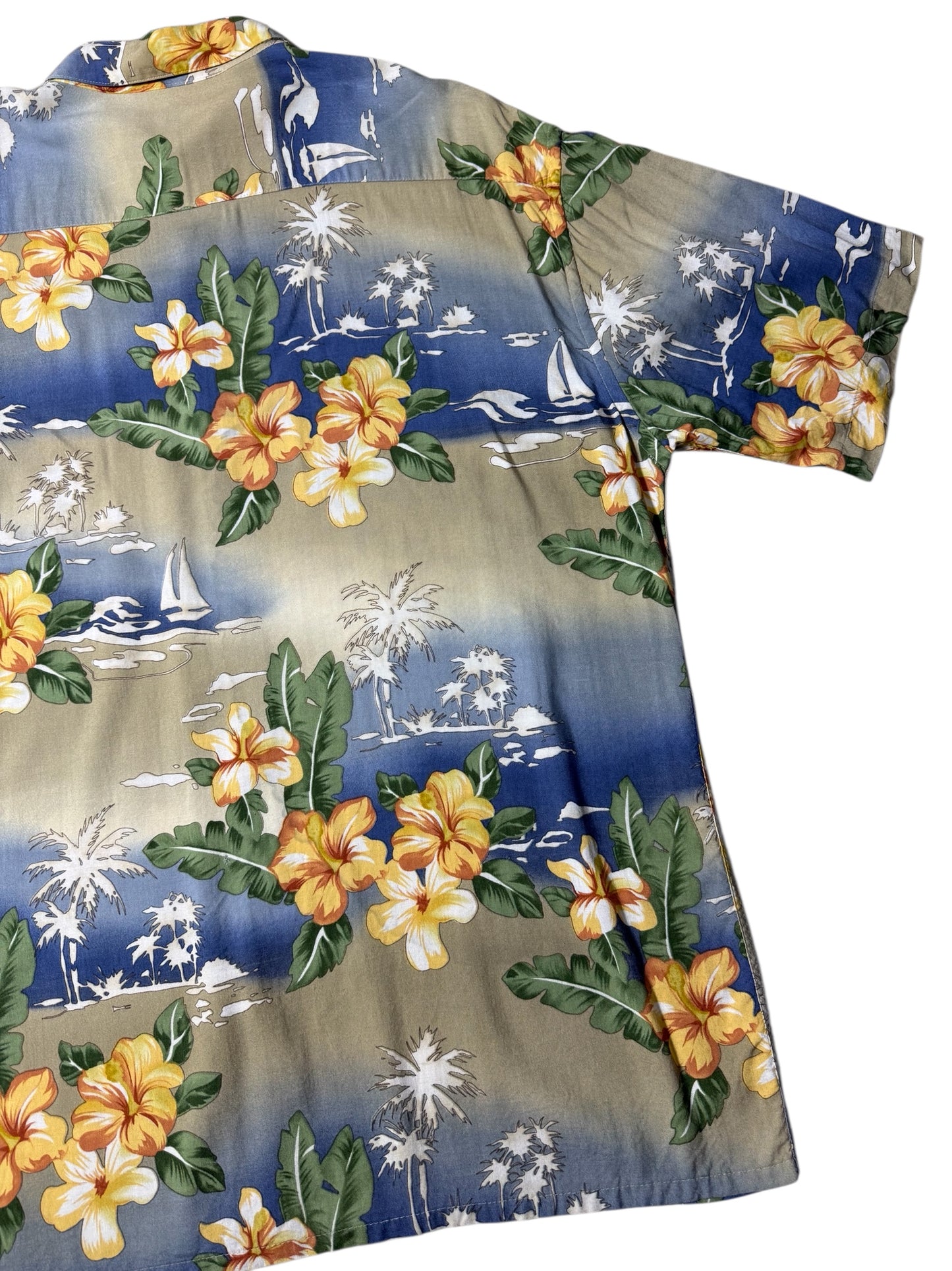 Vintage 90s Pierre Cardin Rayon Aloha Shirt Hibiscus Floral & Sailboat Print