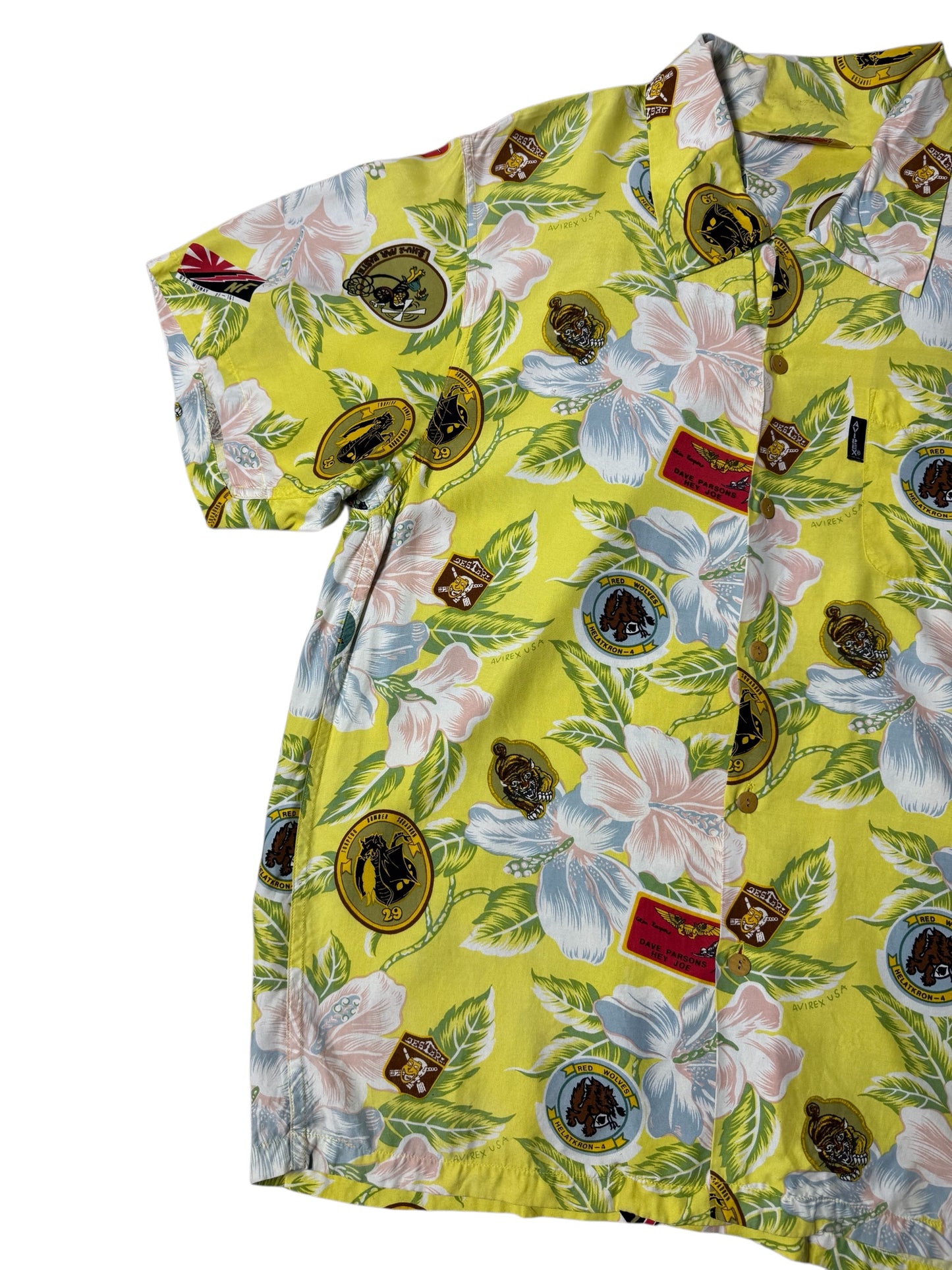 Vintage 90s Avirex USA Floral Military Patch Aloha Shirt Hibiscus Print