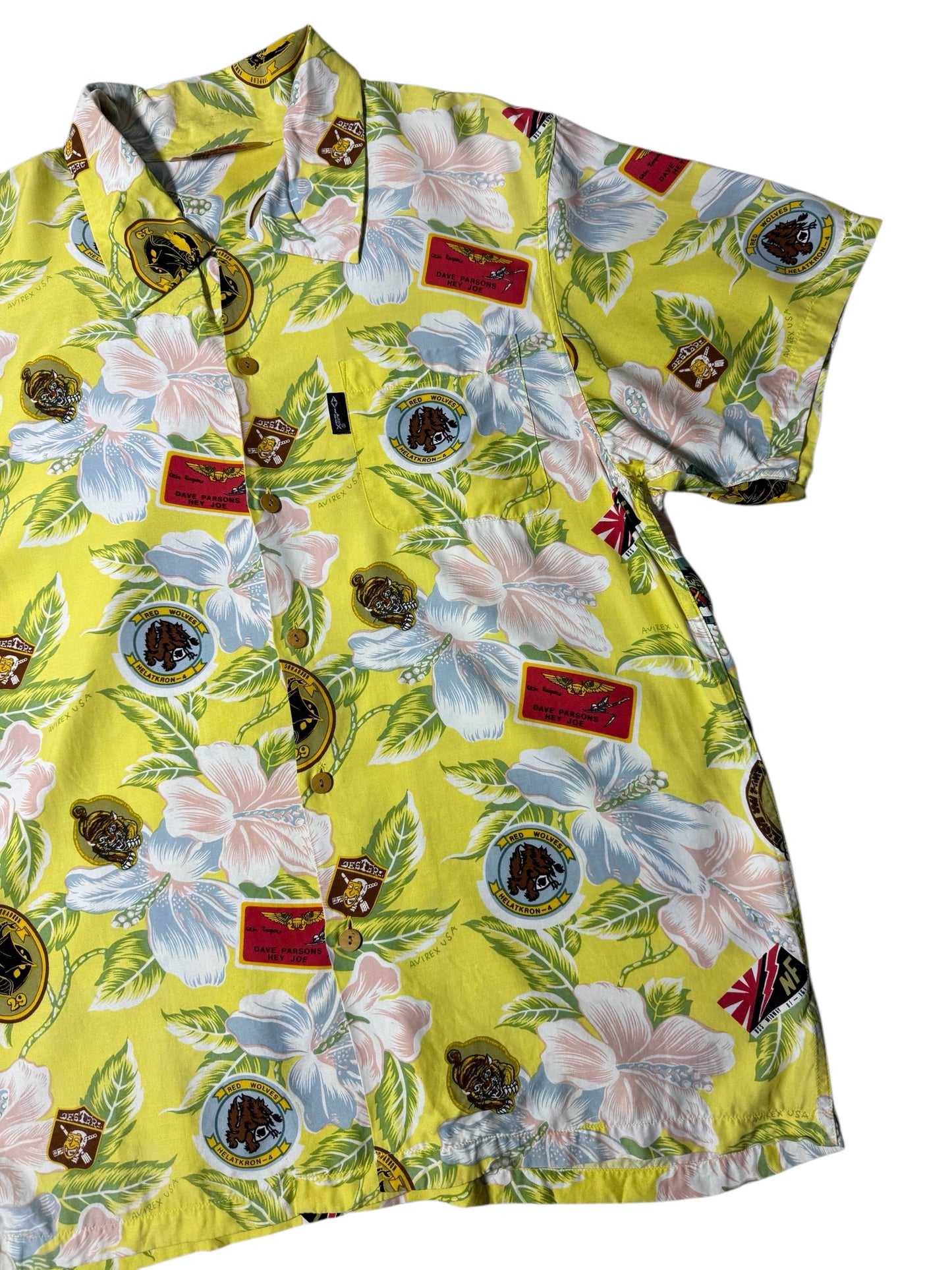 Vintage 90s Avirex USA Floral Military Patch Aloha Shirt Hibiscus Print