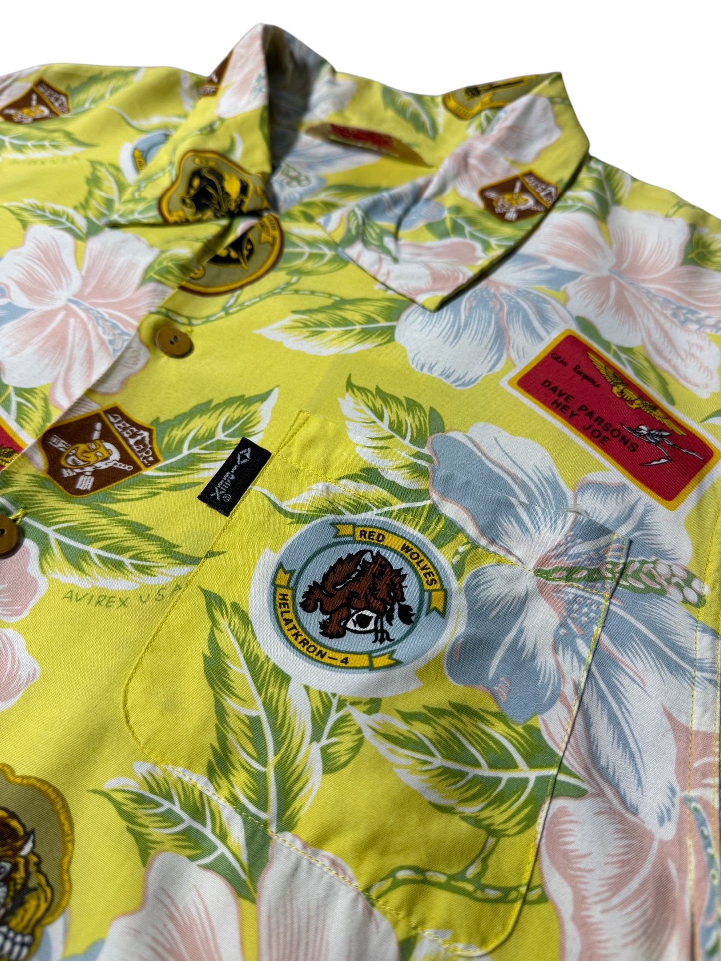 Vintage 90s Avirex USA Floral Military Patch Aloha Shirt Hibiscus Print
