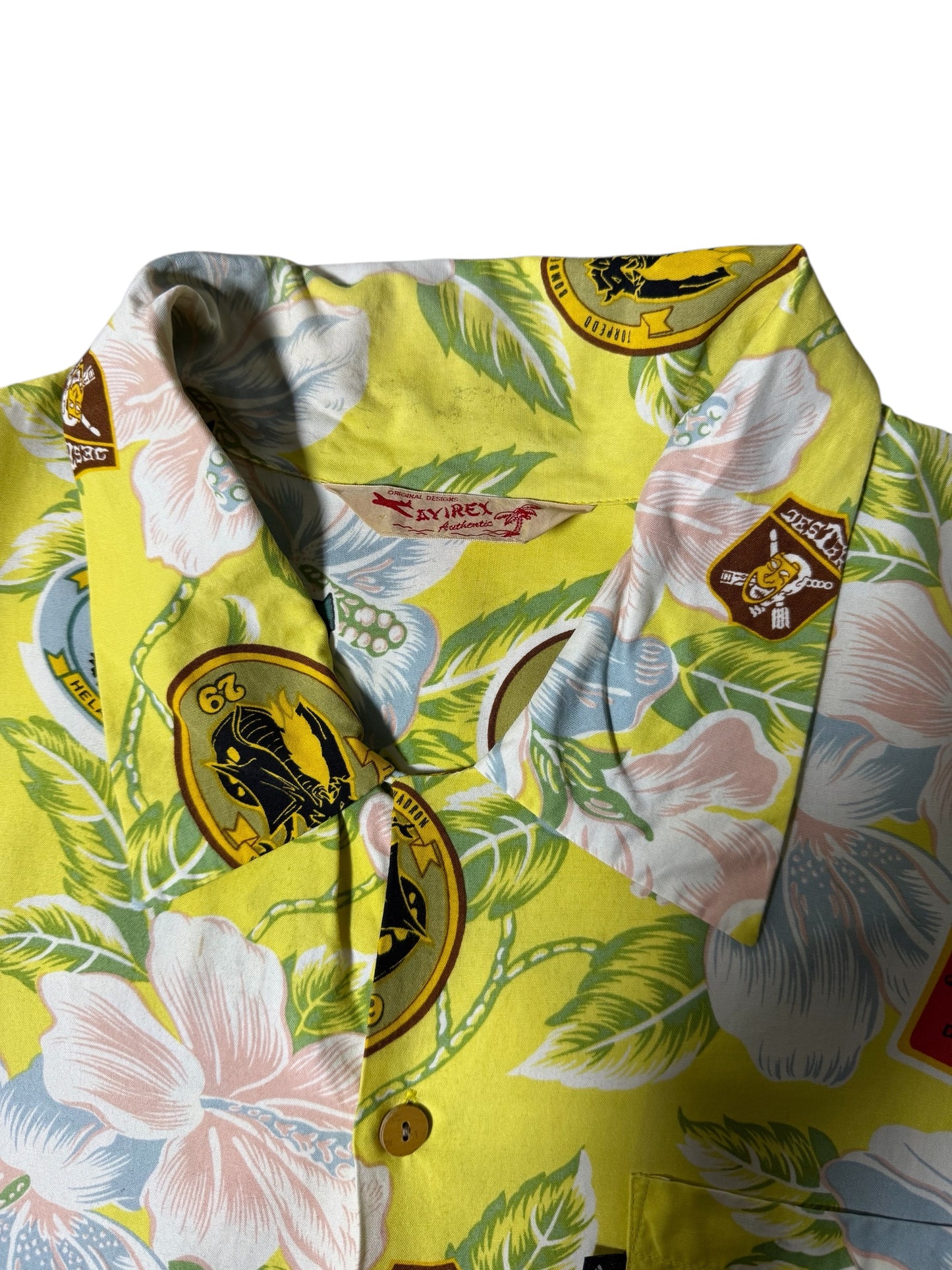 Vintage 90s Avirex USA Floral Military Patch Aloha Shirt Hibiscus Print