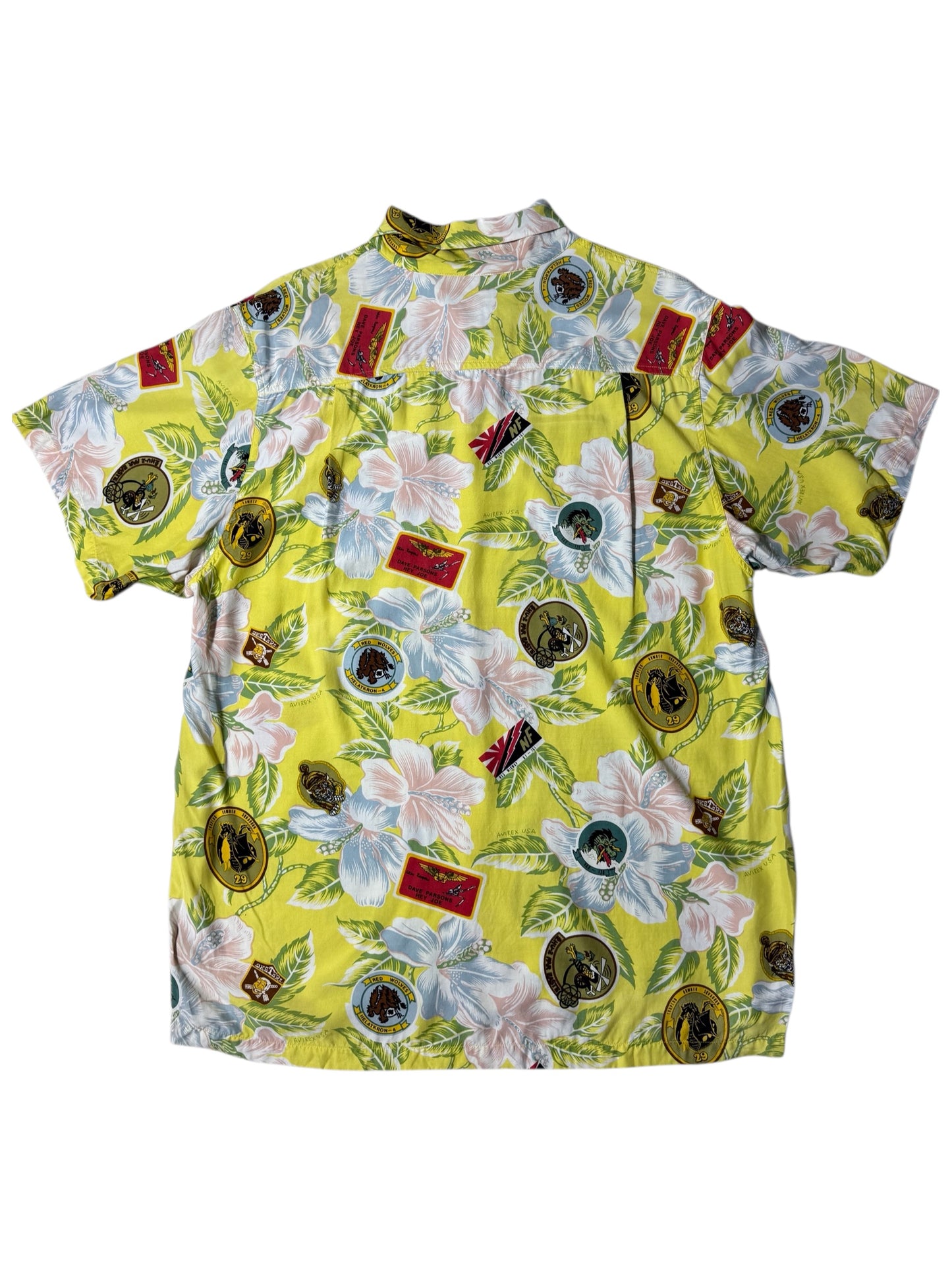 Vintage 90s Avirex USA Floral Military Patch Aloha Shirt Hibiscus Print