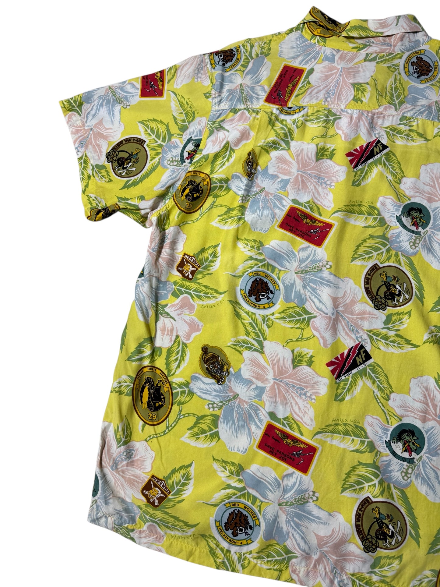 Vintage 90s Avirex USA Floral Military Patch Aloha Shirt Hibiscus Print