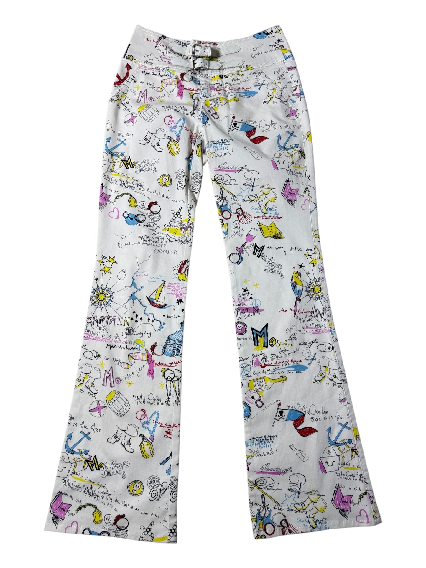 Vintage 2000s Moschino Jeans Donna Doodle Print Flare Pants Double Buckle Waist