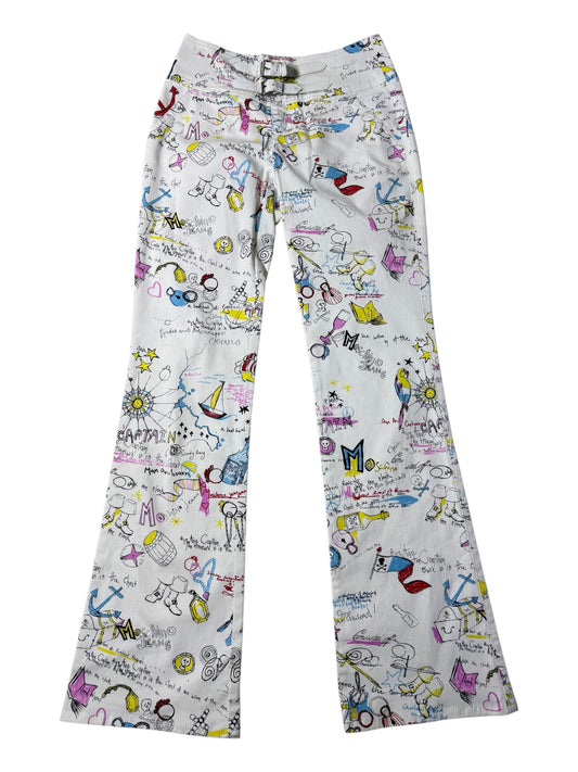 Vintage 2000s Moschino Jeans Donna Doodle Print Flare Pants Double Buckle Waist