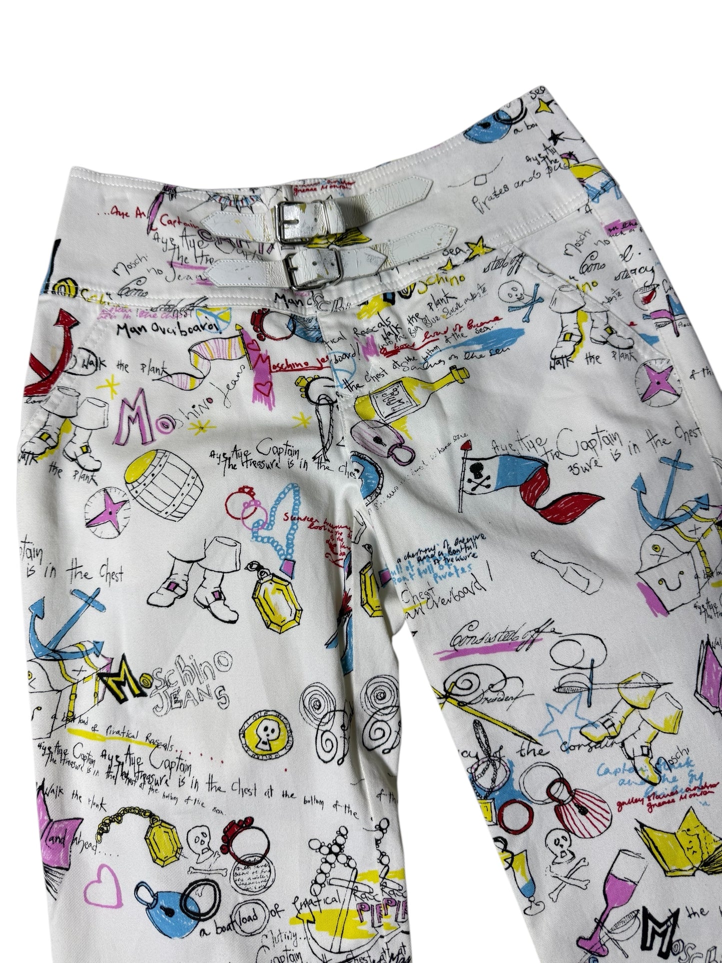 Vintage 2000s Moschino Jeans Donna Doodle Print Flare Pants Double Buckle Waist