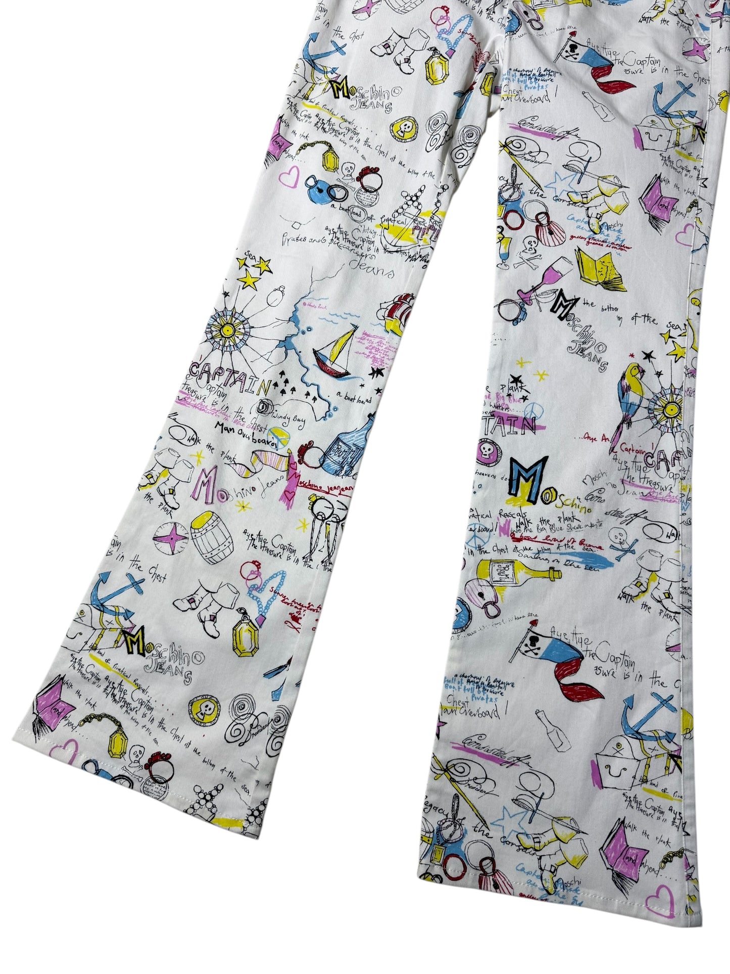 Vintage 2000s Moschino Jeans Donna Doodle Print Flare Pants Double Buckle Waist