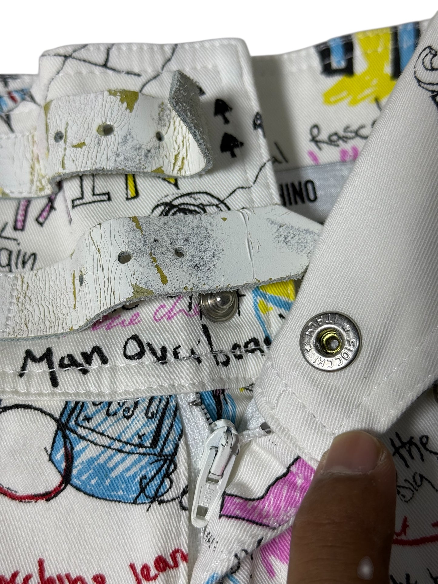 Vintage 2000s Moschino Jeans Donna Doodle Print Flare Pants Double Buckle Waist