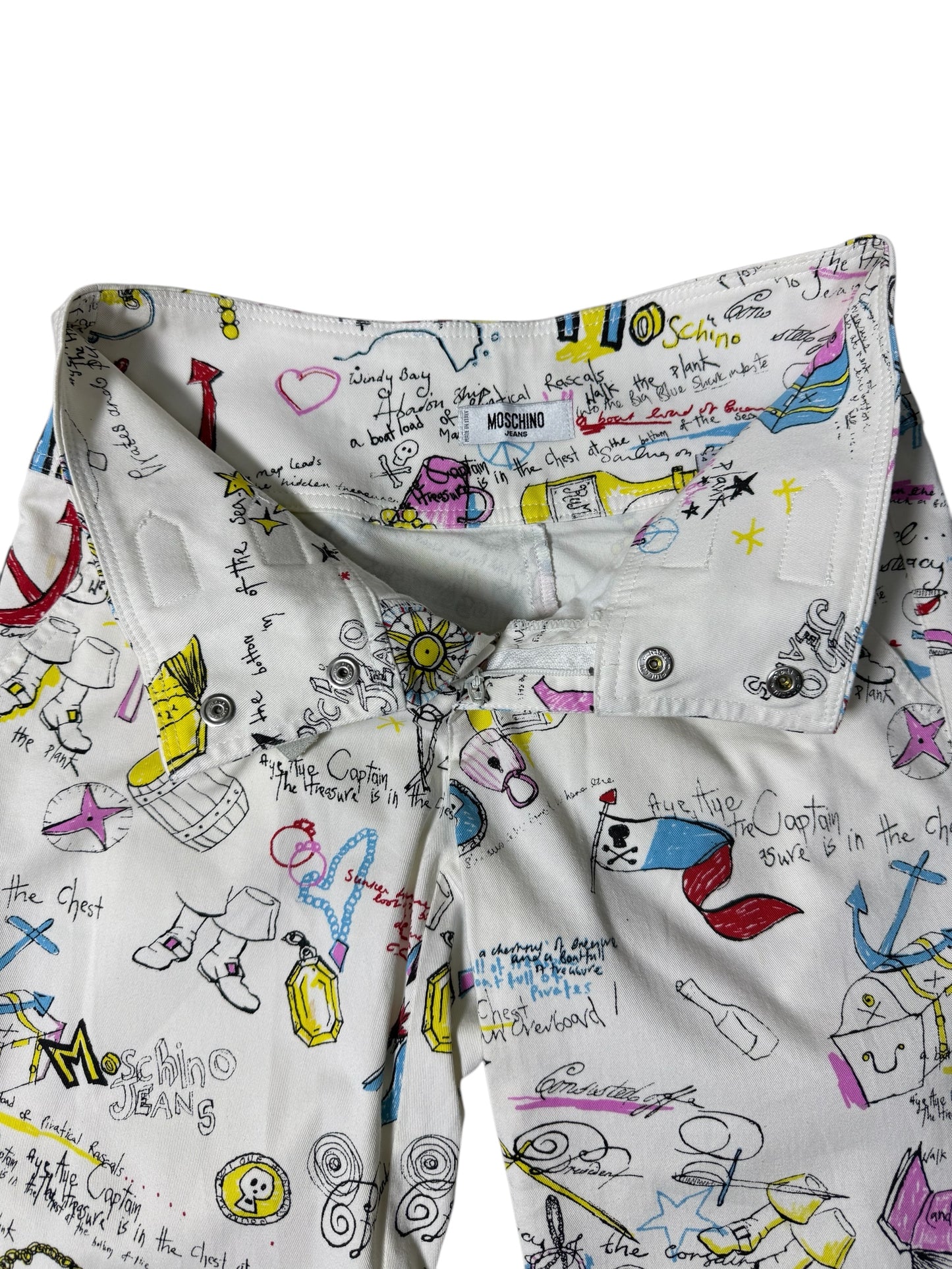 Vintage 2000s Moschino Jeans Donna Doodle Print Flare Pants Double Buckle Waist