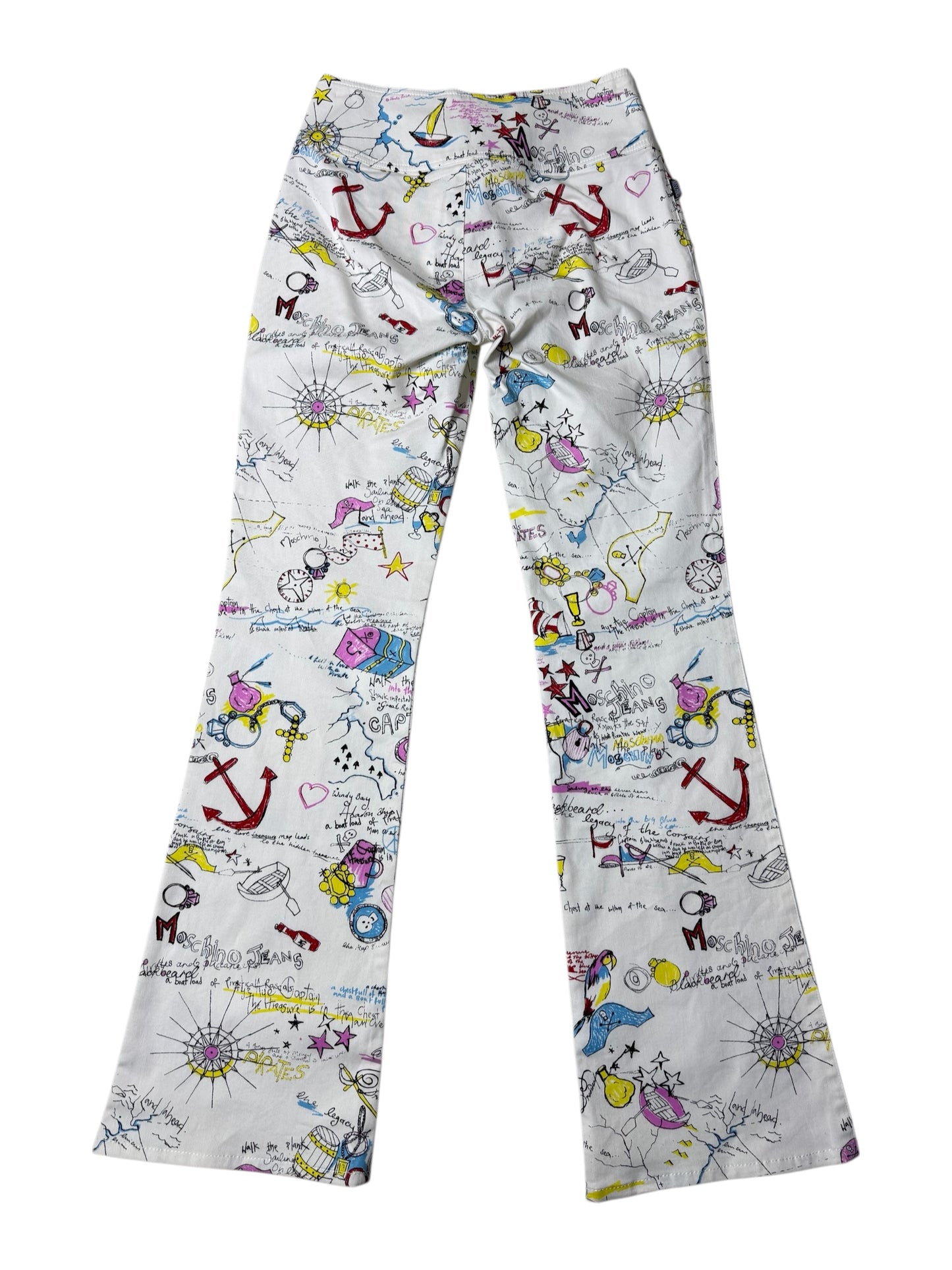 Vintage 2000s Moschino Jeans Donna Doodle Print Flare Pants Double Buckle Waist