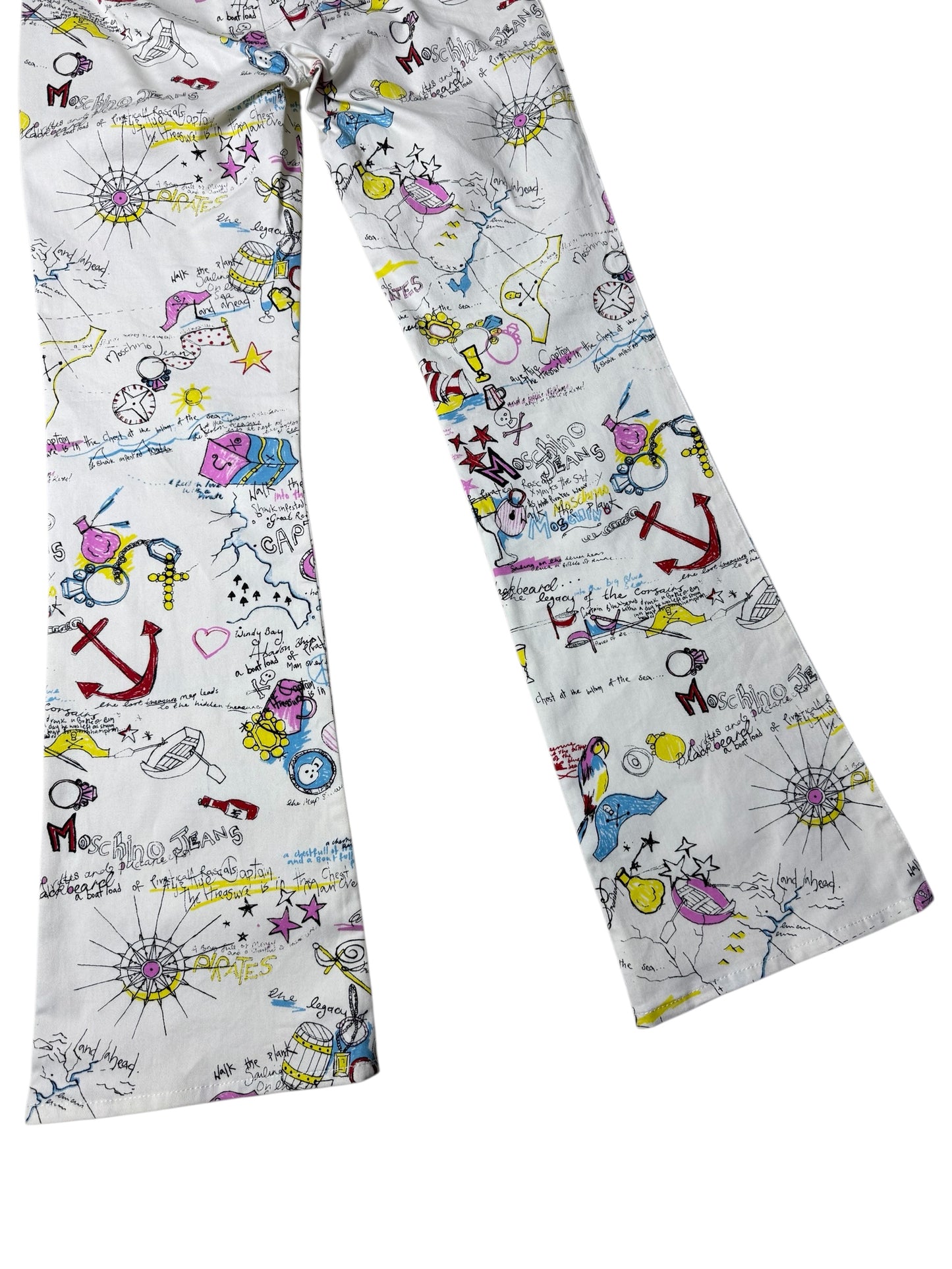 Vintage 2000s Moschino Jeans Donna Doodle Print Flare Pants Double Buckle Waist