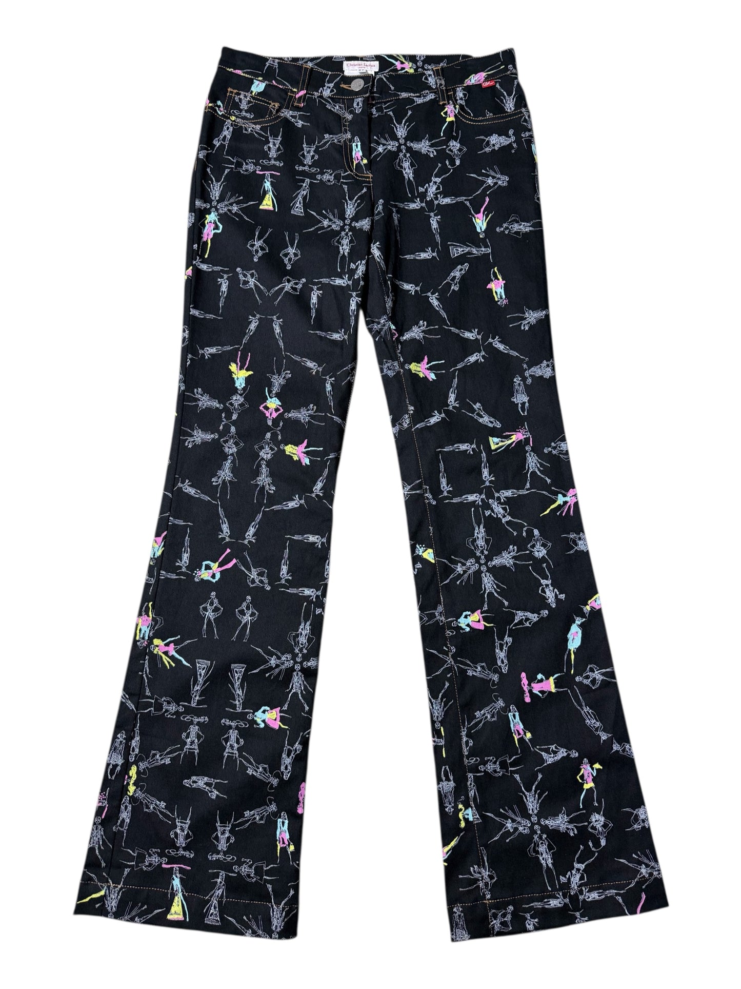 Vintage 2000s Christian Lacroix Fashion Sketch Print Flare Pants Made in Italy