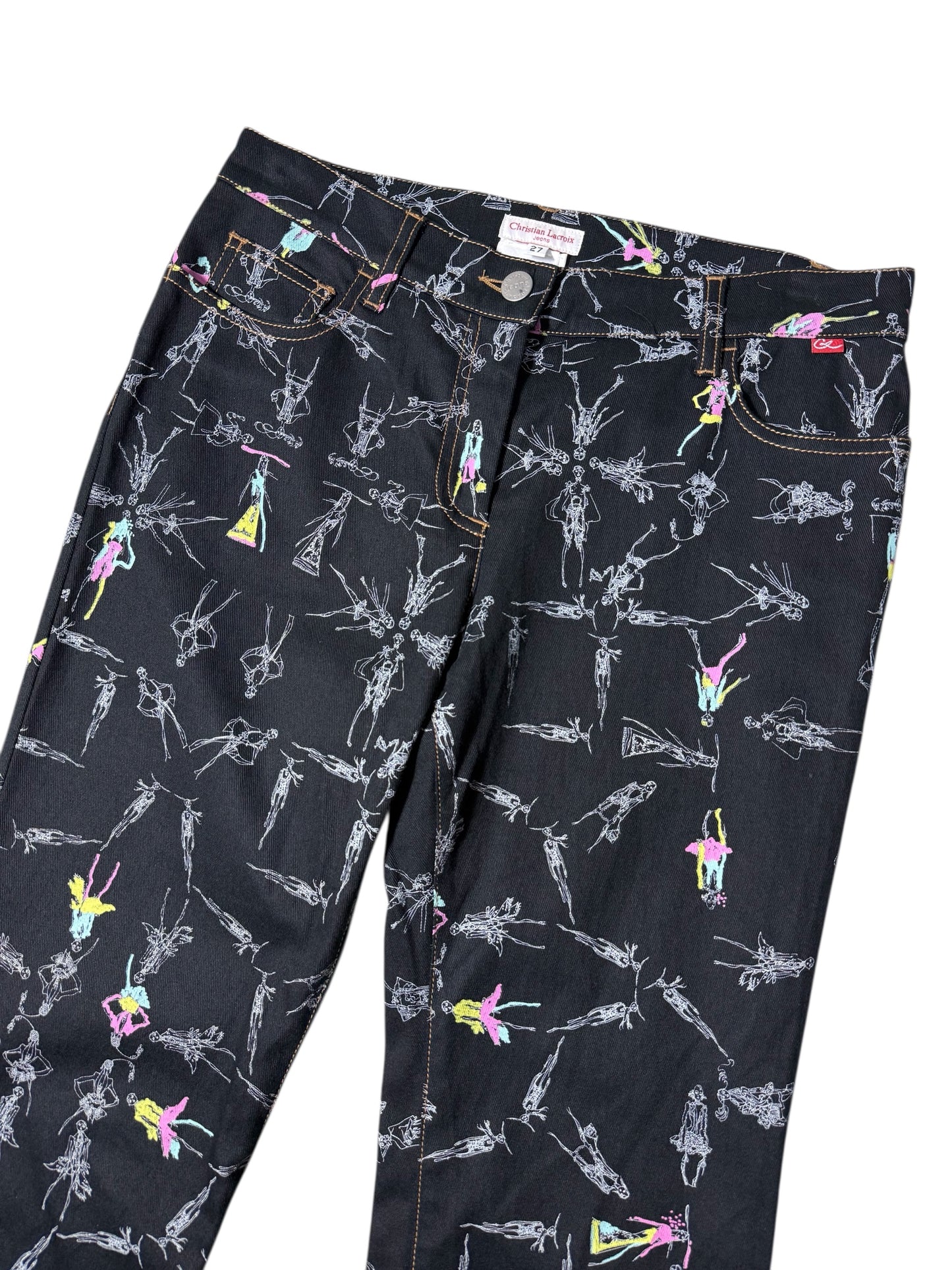 Vintage 2000s Christian Lacroix Fashion Sketch Print Flare Pants Made in Italy