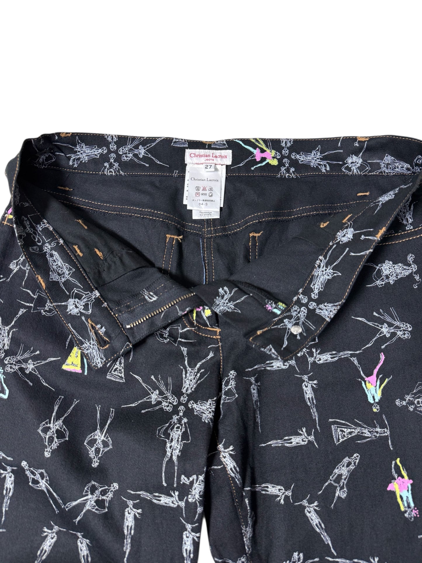 Vintage 2000s Christian Lacroix Fashion Sketch Print Flare Pants Made in Italy