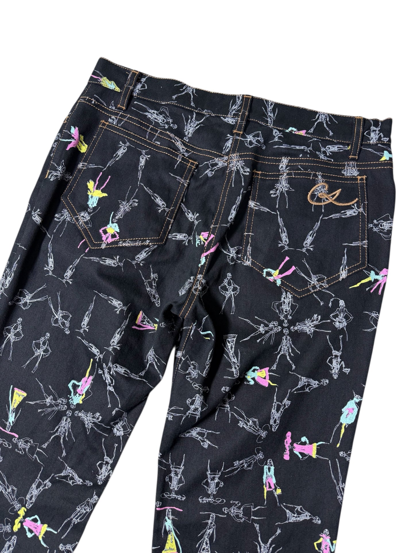 Vintage 2000s Christian Lacroix Fashion Sketch Print Flare Pants Made in Italy