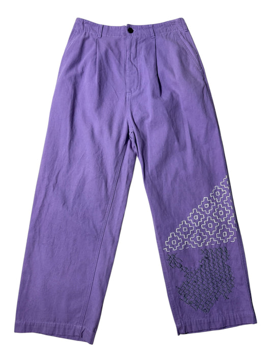 Macober Work Pants Custom Hand-Stitched Sashiko Purple Wide Leg