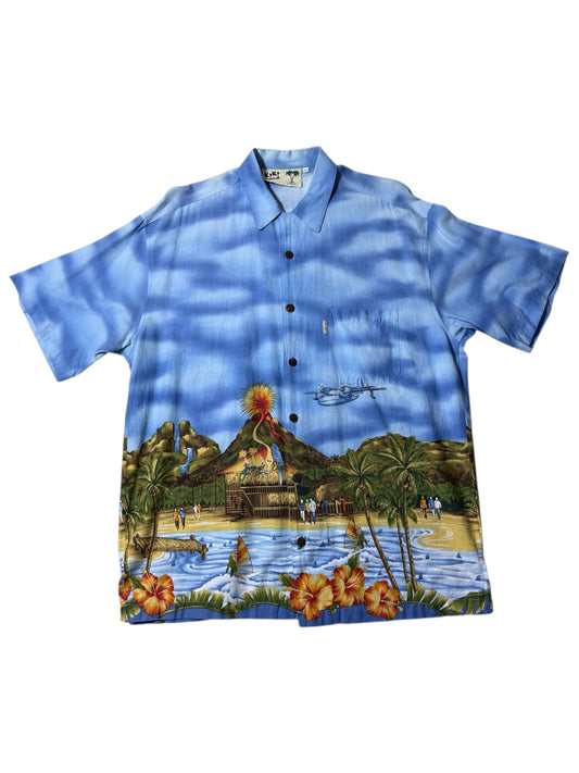 Vintage 90s Koko Island Hawaiian Shirt Volcano & Beach Scenic Print Made in USA