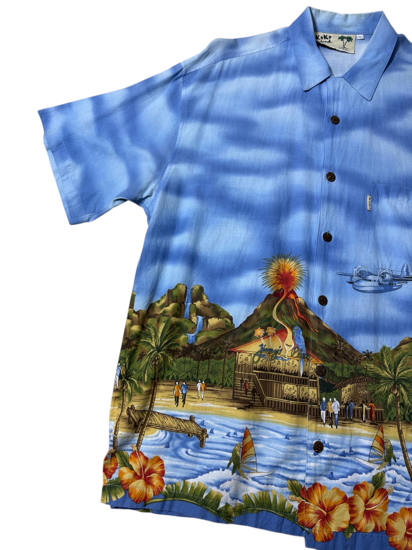Vintage 90s Koko Island Hawaiian Shirt Volcano & Beach Scenic Print Made in USA