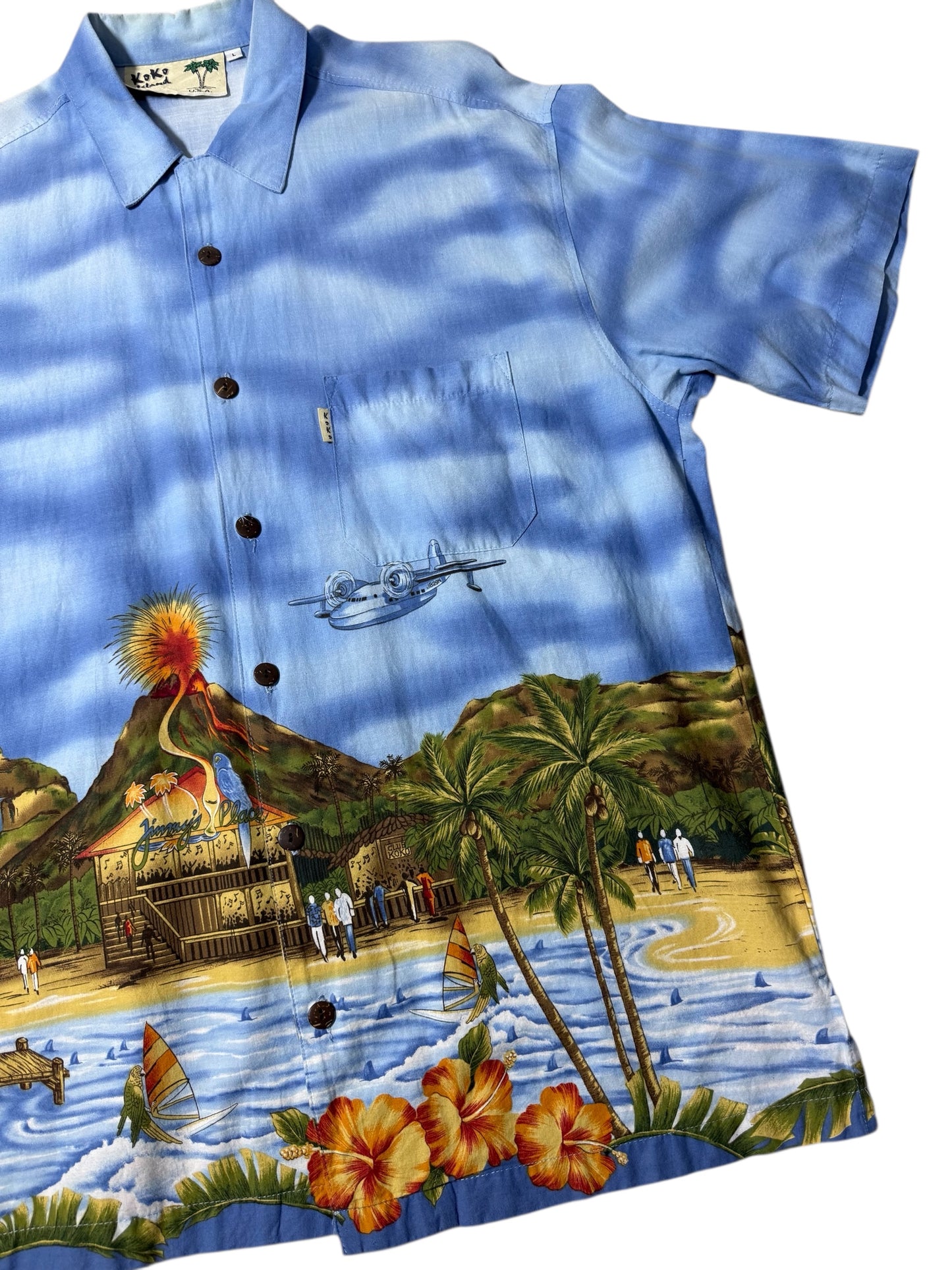 Vintage 90s Koko Island Hawaiian Shirt Volcano & Beach Scenic Print Made in USA