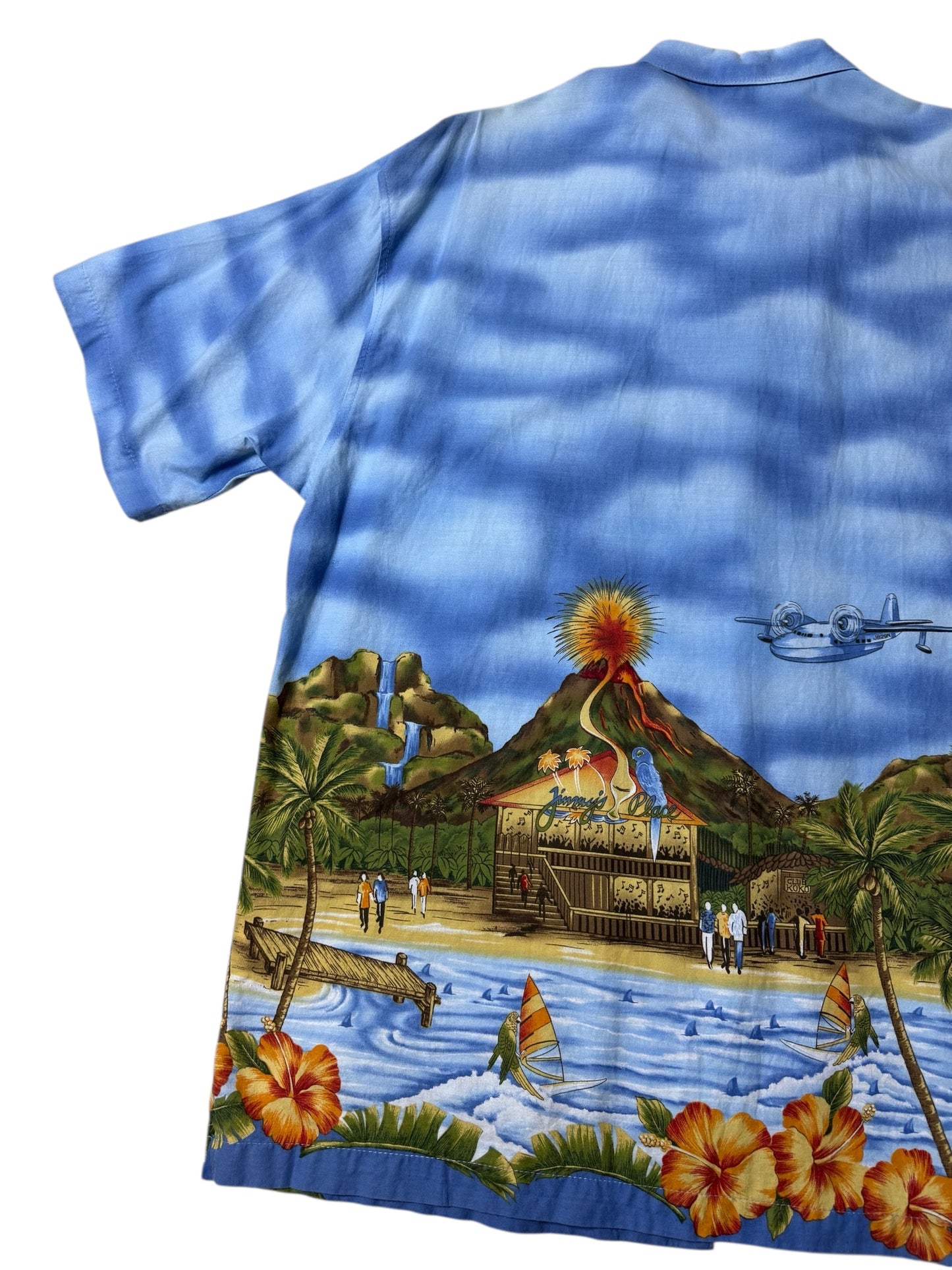 Vintage 90s Koko Island Hawaiian Shirt Volcano & Beach Scenic Print Made in USA