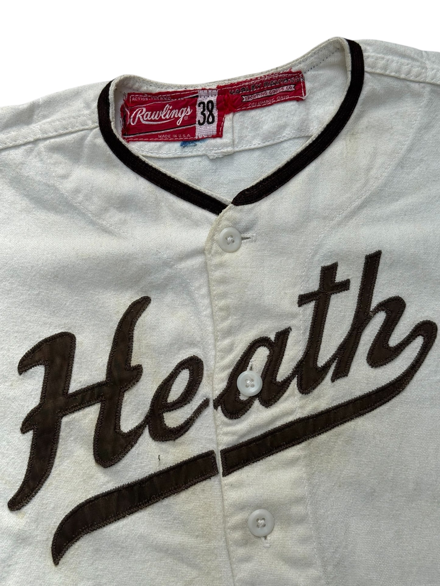 Vintage 1950s–60s Harley Davidson Rawlings Baseball Jersey–Heath Felt Lettering Made in USA